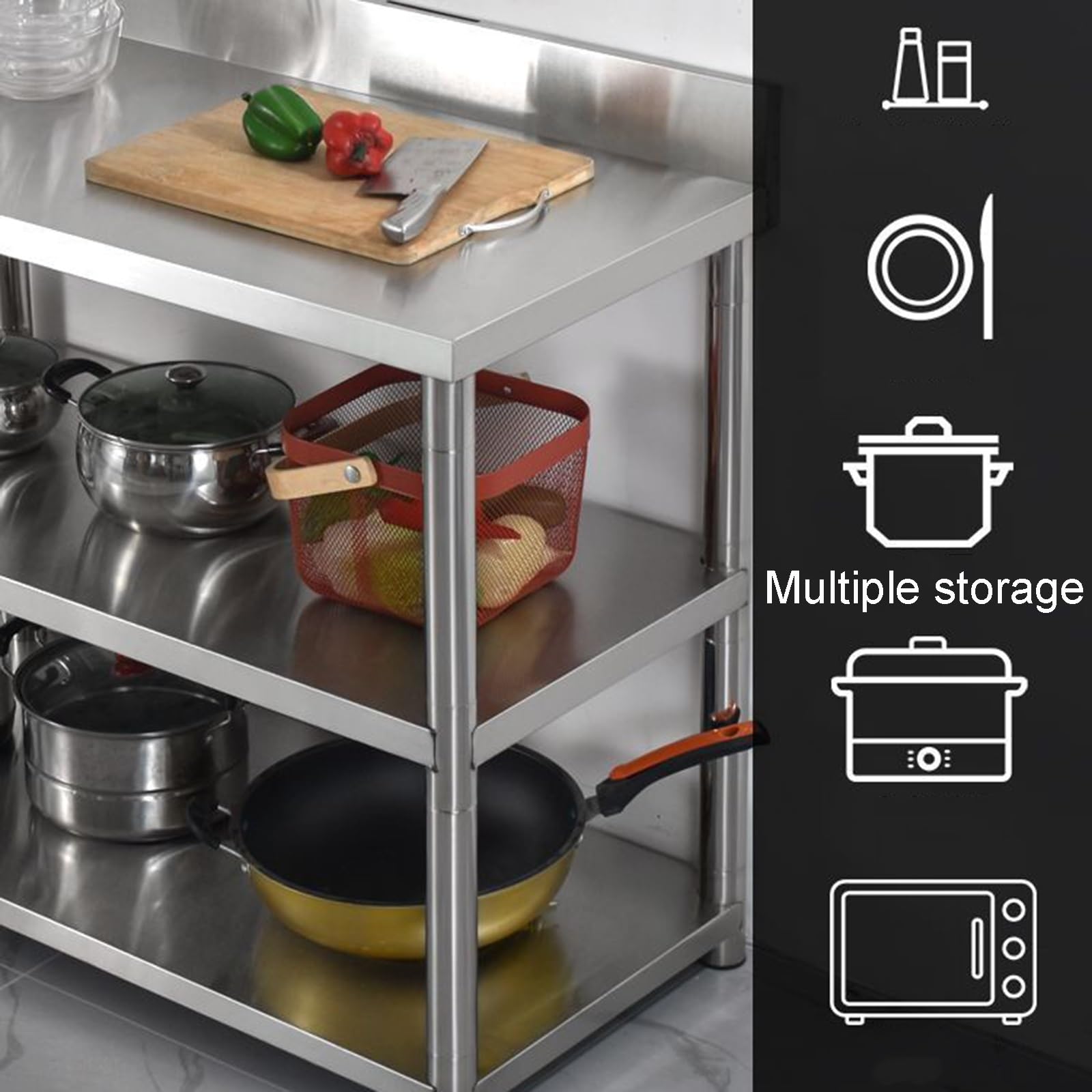 Cucina Ristorante 3 Piani Tavolo da Lavoro Banco da Lavoro in Acciaio Inossidabile Spazzolato Design con Pannello di Protezione E Scanalature Tubi Quadrati Rinforzati per Il Fissaggio