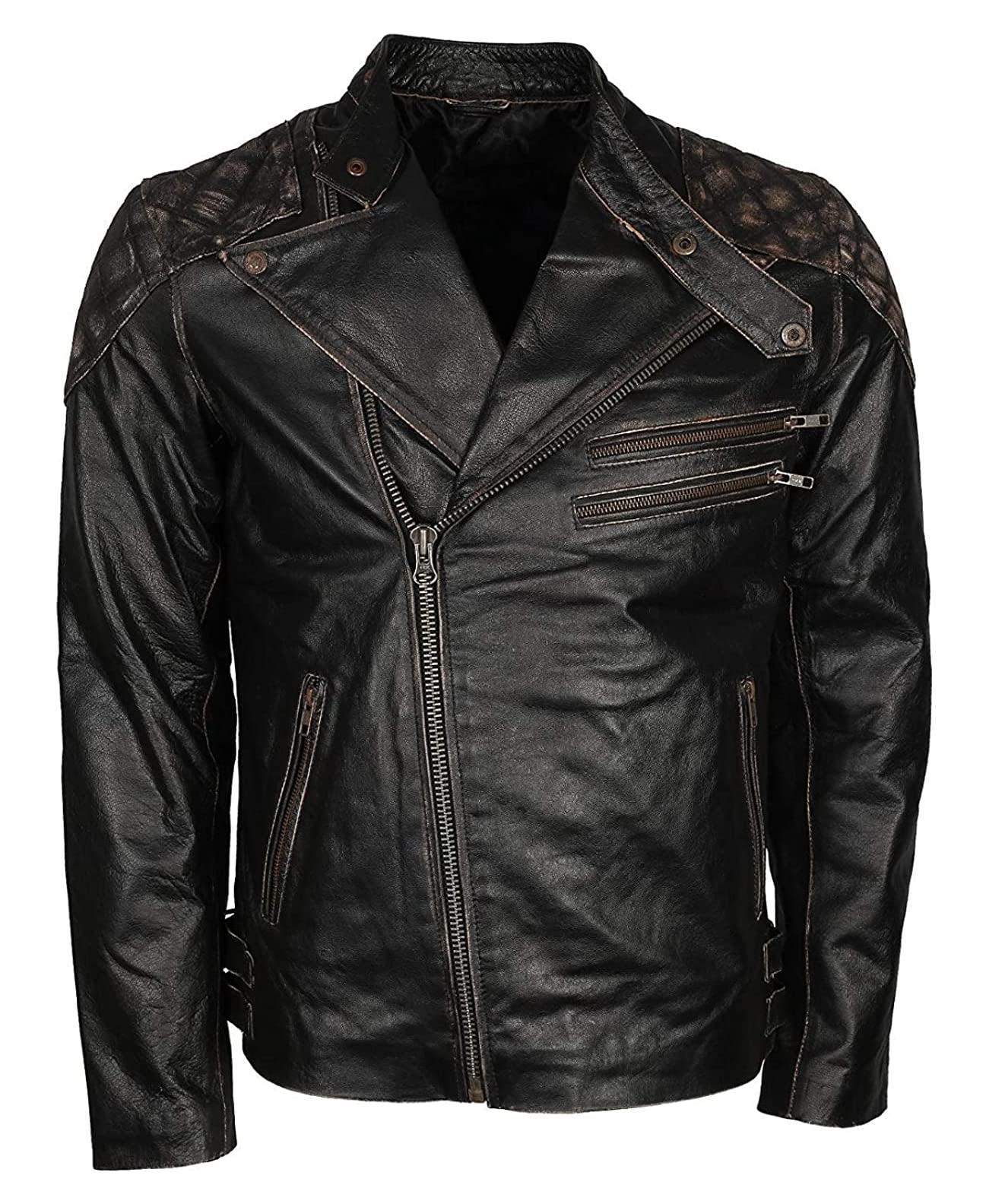 Cráneo en relieve Huesos Negro envejecido Vintage Cafe Racer Motocicleta Biker Negro Chaqueta de cuero para hombre