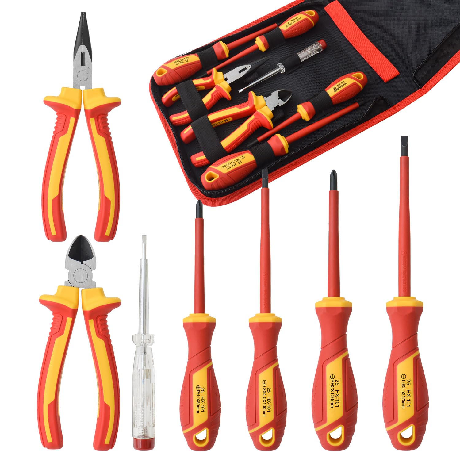 Gunpla 7 Pieces VDE Insulated Screwdriver & Pliers Set, 1000V with Black Tip Magnetic, TPR Handle Electrician Soft-Grip Slotted Phillips and Pozi Tools with Safety Tester for Electrician Repair