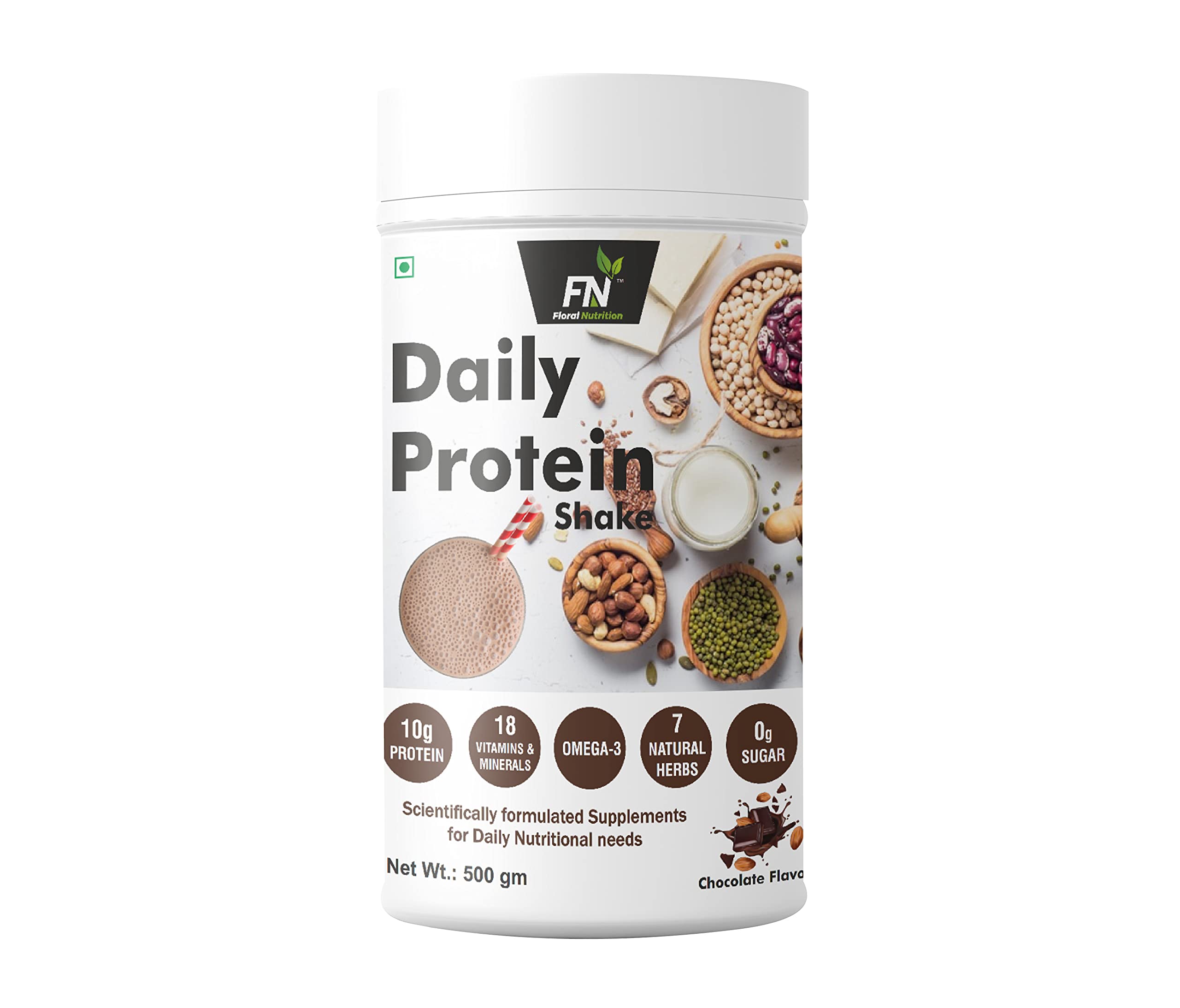 Floral Nutrition Daily Protein Shake with Herbal Blend, Omega-3, 18 Vitamins & Minerals for Energy, Immunity - Men and Women - 500 gm, Chocolate Flavor (16 Serving) Sugar Free