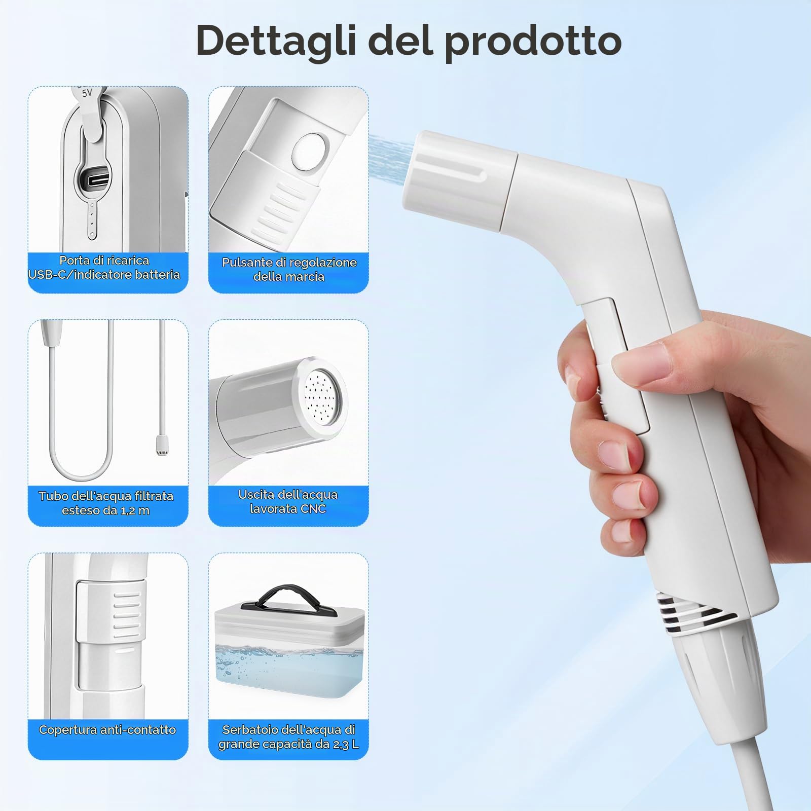 Bidet Elettrico da Viaggio 2.3L, Bidet Elettrico Mobile e Portatile con Tubo da 1.2M, Portatile per Toilette, Campeggio, Uso all'Aperto, Doccia Musulmana, Flacone Perineo a 2 Modalità, Bianco