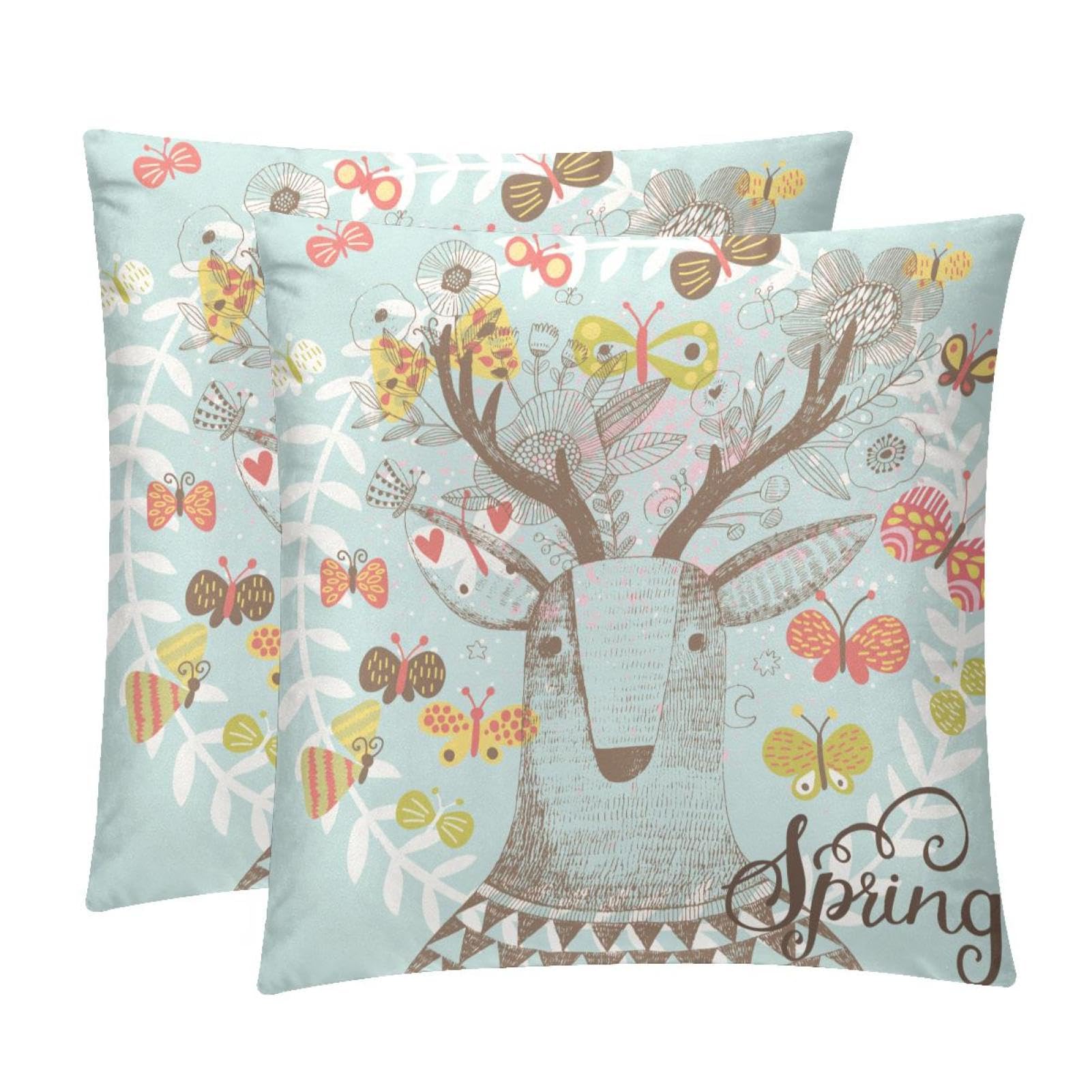 TDGKPZ Deer Butterfly Throw Pillow Cases 2 Pack Pillowcases Zipper Cushion Covers For Bedroom Living Room 50x50cm