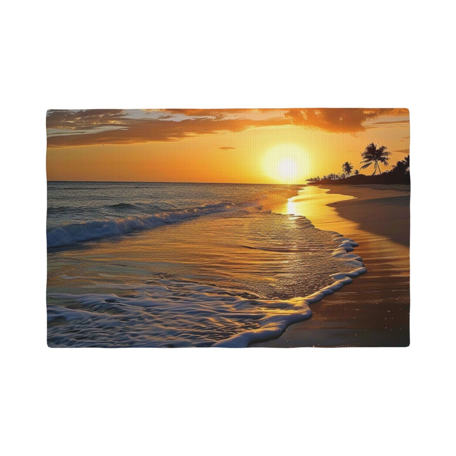beach with sunset Print Placemats Set, Heat Resistant Washable Placemat 12x18in Table Mats for Party Kitchen Dining Table Decoration Indoor Outdoor, Four Pieces