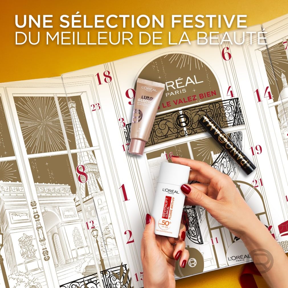 L'Oréal Paris - Calendrier de l'Avent 24 Jours - Coffret Cadeau Noël - Maquillage, Soins Visage et Cheveux - 24 Produits de Beauté Incontournables en Taille Réelle