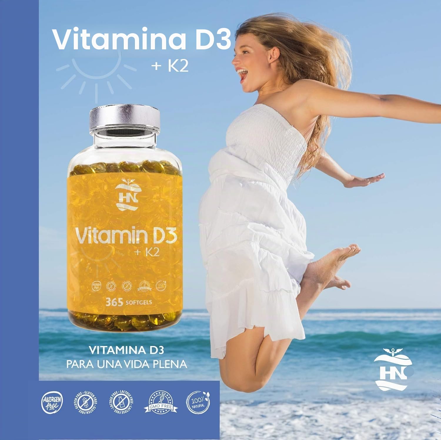 Vitamina D - 365 Cápsulas de vitamina D3 K2 – Vitamina D (5000 UI) altamente concentrada. Favorece la función inmunológica y ósea - 1095 cápsulas (3 botes)