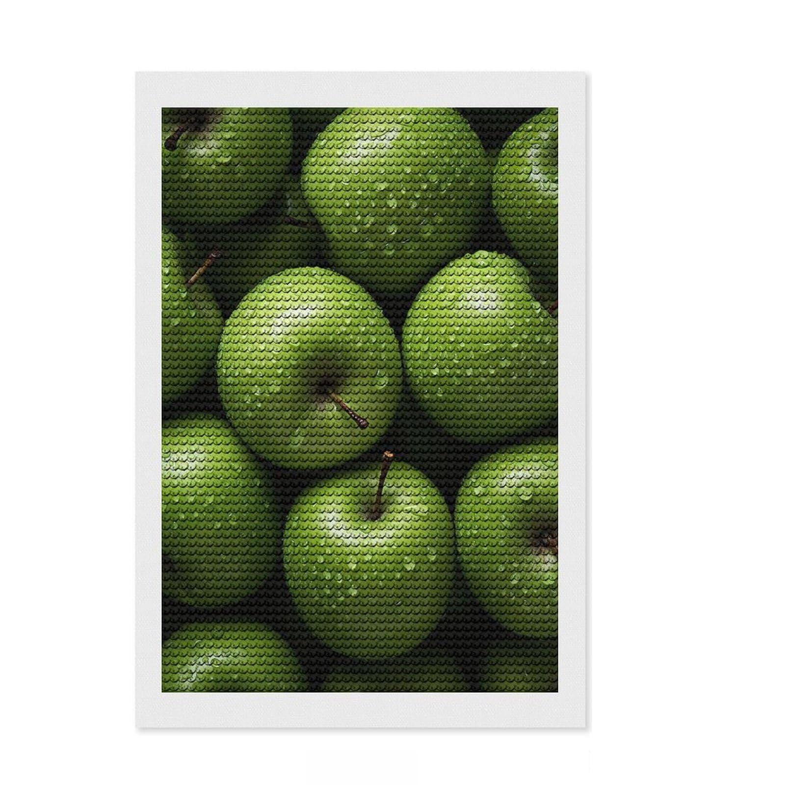 Junmoney Green Apple DIY Diamond Art Canvas Kit 8"x12", Adhesive Canvas, Sparkling Round Gems, Bedroom Decor, for Beginners