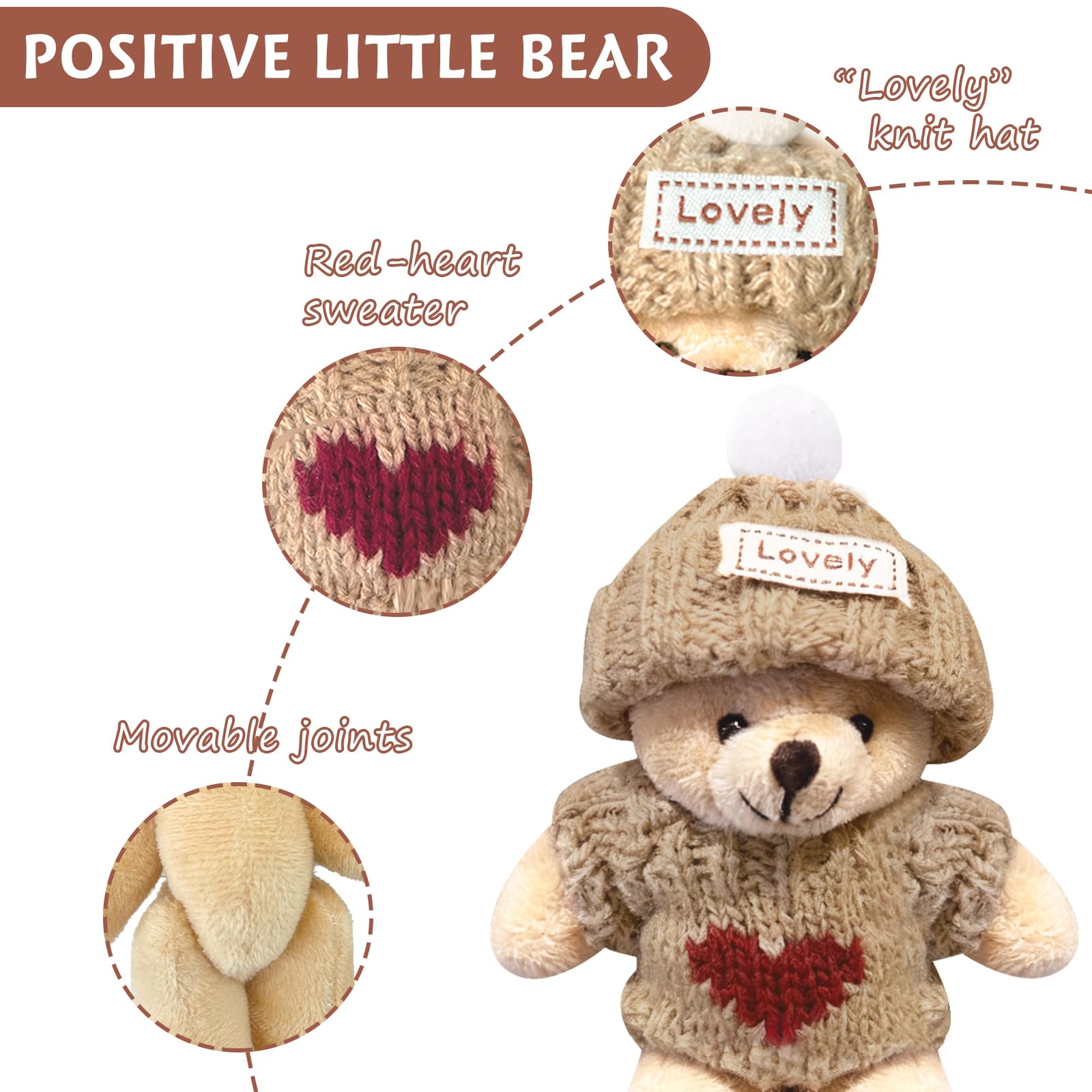 Mini Handcrafted Worry Bear Gift Set with Inspirational Card,Featuring Little Bears in a Box Wearing Hat and Sweater,Mini Bears Serves as Emotional Support Gift for Family,Friends