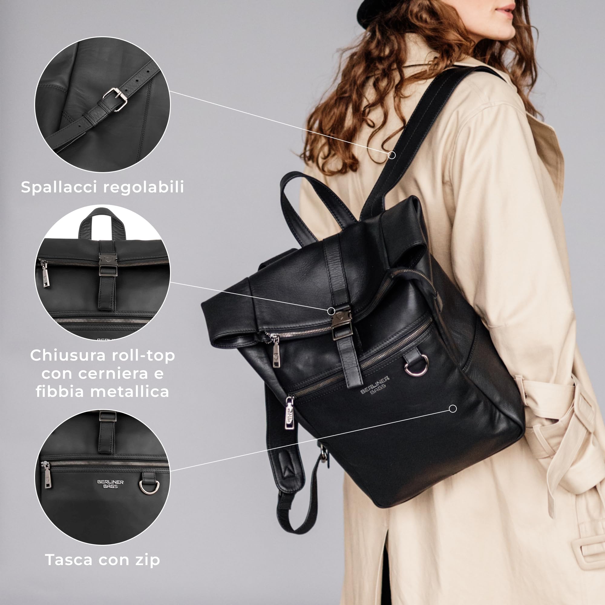 Berliner Bags Zaino Harlem in Vera Pelle, Zaino Rolltop Idrorepellente con Scomparto Laptop 15”, Zaino da Lavoro e Viaggio per Uomo e Donna – Nero