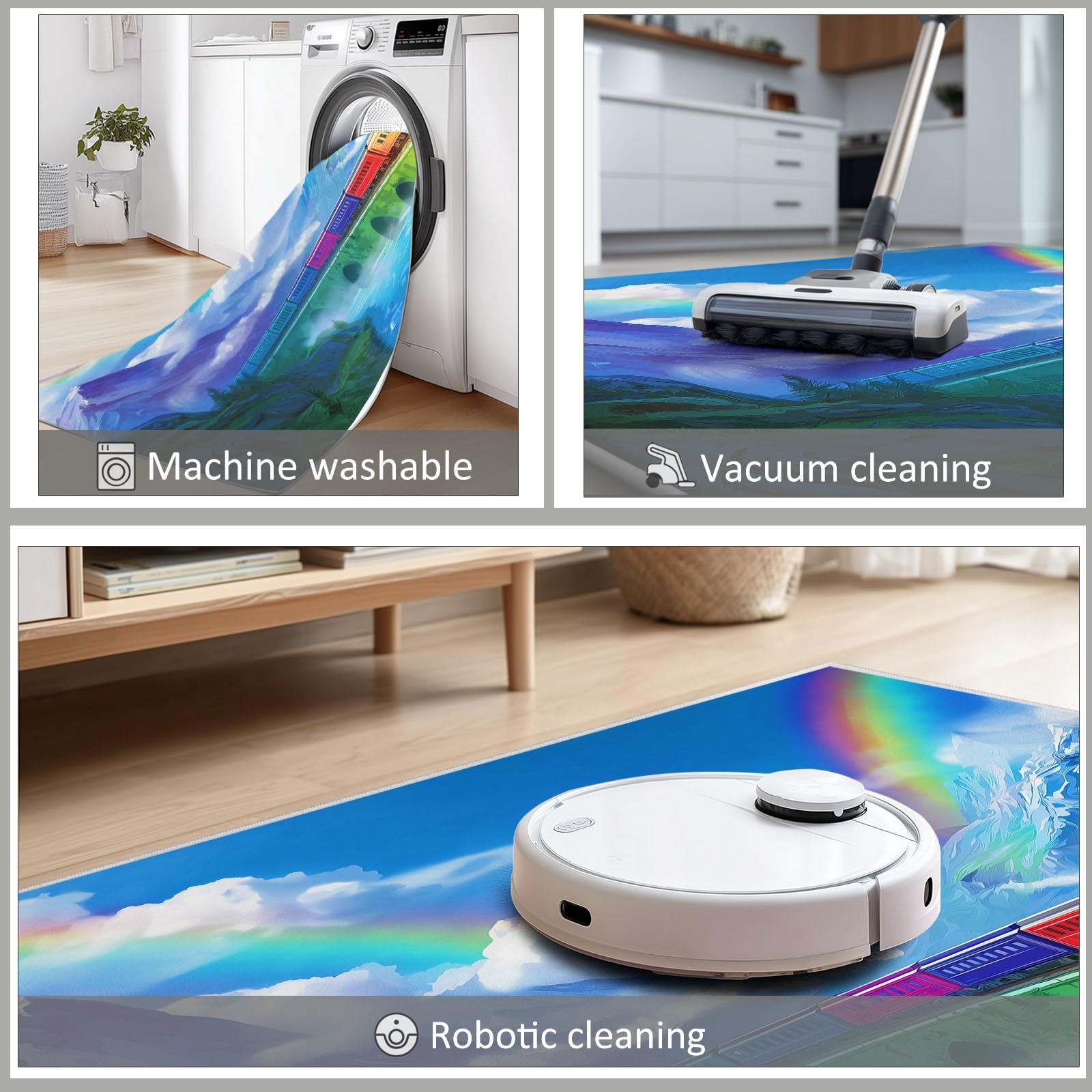Alfombra lavable antideslizante 80 x 150 cm arte de juego, alfombra de pelo corto libro infantil ilustrado arcoíris tren para salón dormitorio oficina o habitación infantil corredor fácil de limpiar