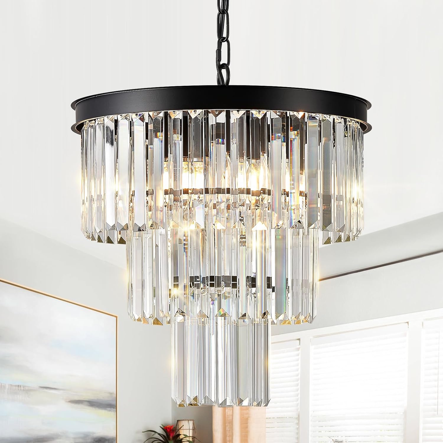Modern Crystal Chandeliers 16" Small Black Pendant Light Luxury 3 Tiers K9 Crystal Ceiling Pendant Round Light Fixture 6-Light for Dining Room Entryway Kitchen Bedroom Closet