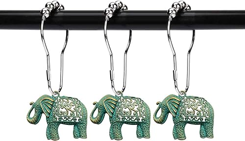 ZILucky - Juego de 12 ganchos decorativos para cortina de ducha diseño de elefante de acero inoxidable con espirales de filigrana