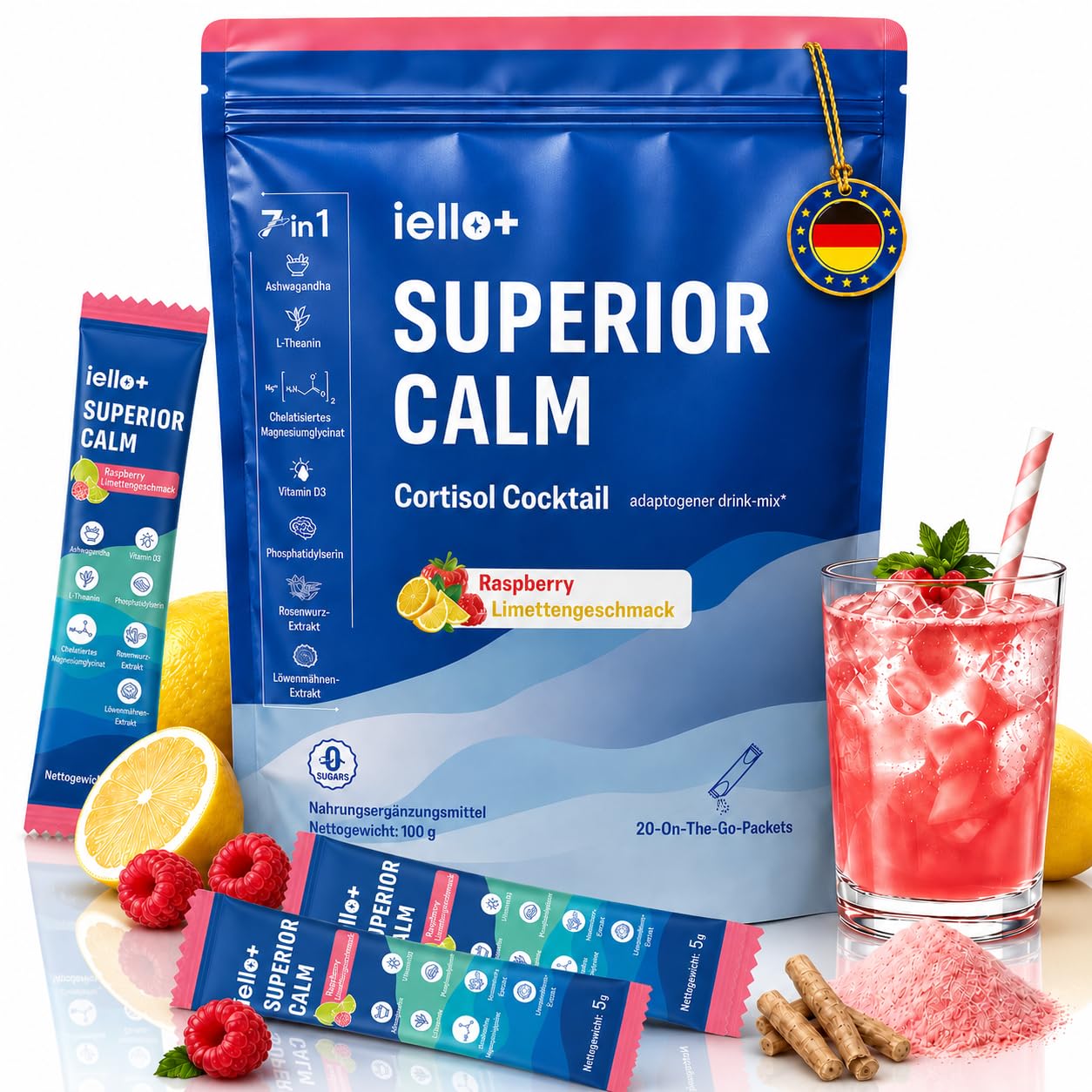 Jello+ Cortisol Cocktail Pulver – 20 Stück Cortisol Senken Pulver zum Abnehmen, mit Ashwagandha, Magnesiumglycinat, Vitamin D3 & L-Theanin, Schlaf & Entspannung und Konzentration – Himbeer Zitrone