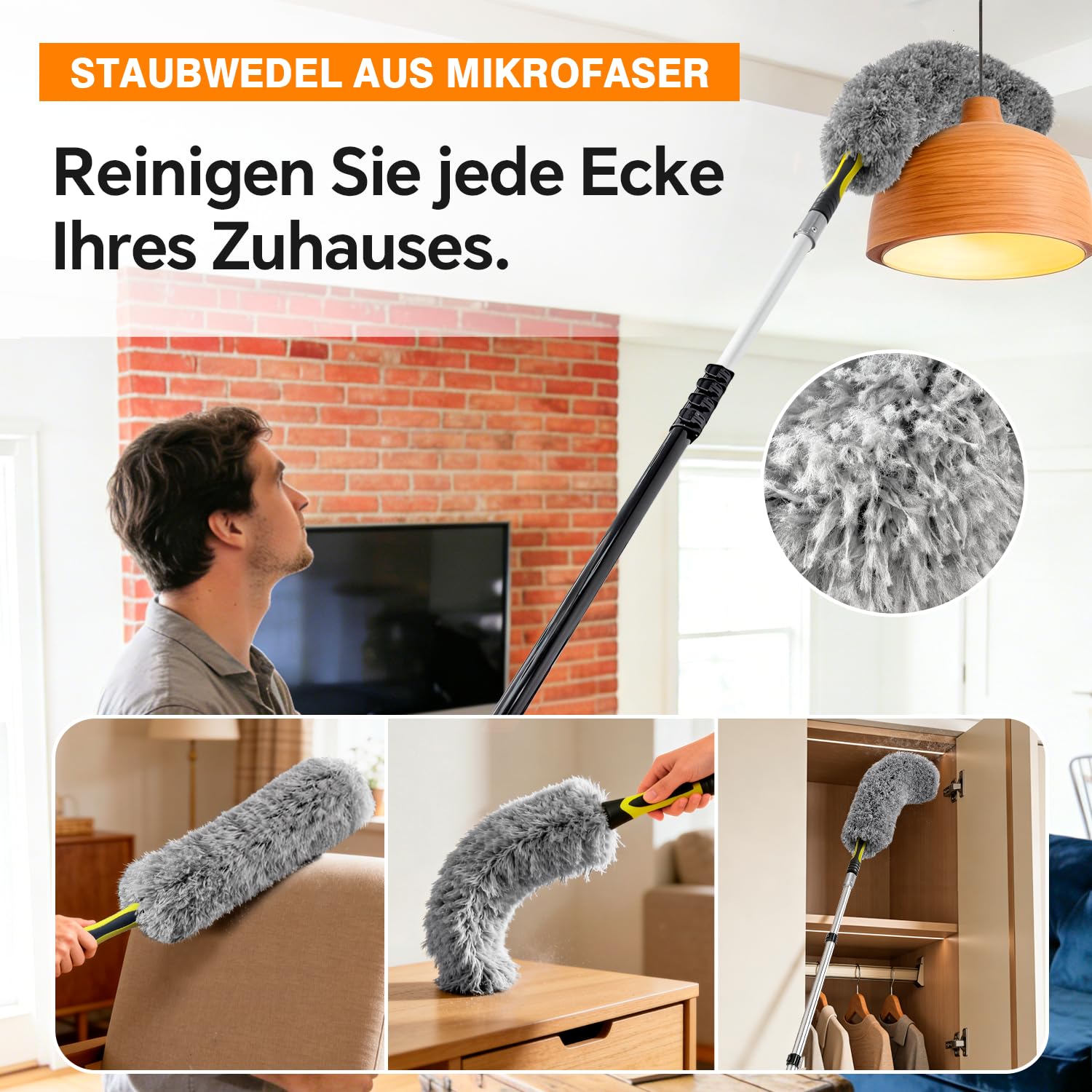 ARTIPOLY 6 m Staubwedel mit Teleskopstiel Set, 5-in-1 Staubwedel für hohe Reichweite mit Chenille Fensterabzieher und Mikrofaser Federstaubwedel für Decke und Wand im Innen- und Außenbereich, Gelb