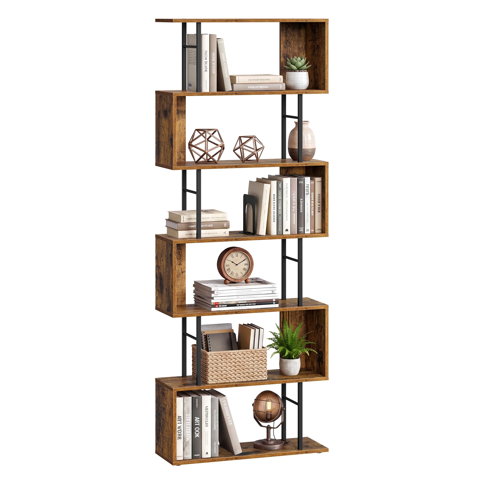 VASAGLE 7-Tier Bookshelf, S-Shaped Bookcase, Freestanding Display Shelf, Storage Rack for Living Room, Office, 60 x 24 x 190.5 cm, Rustic Brown and Matte Black, BARNET Collection LLS173KD01
