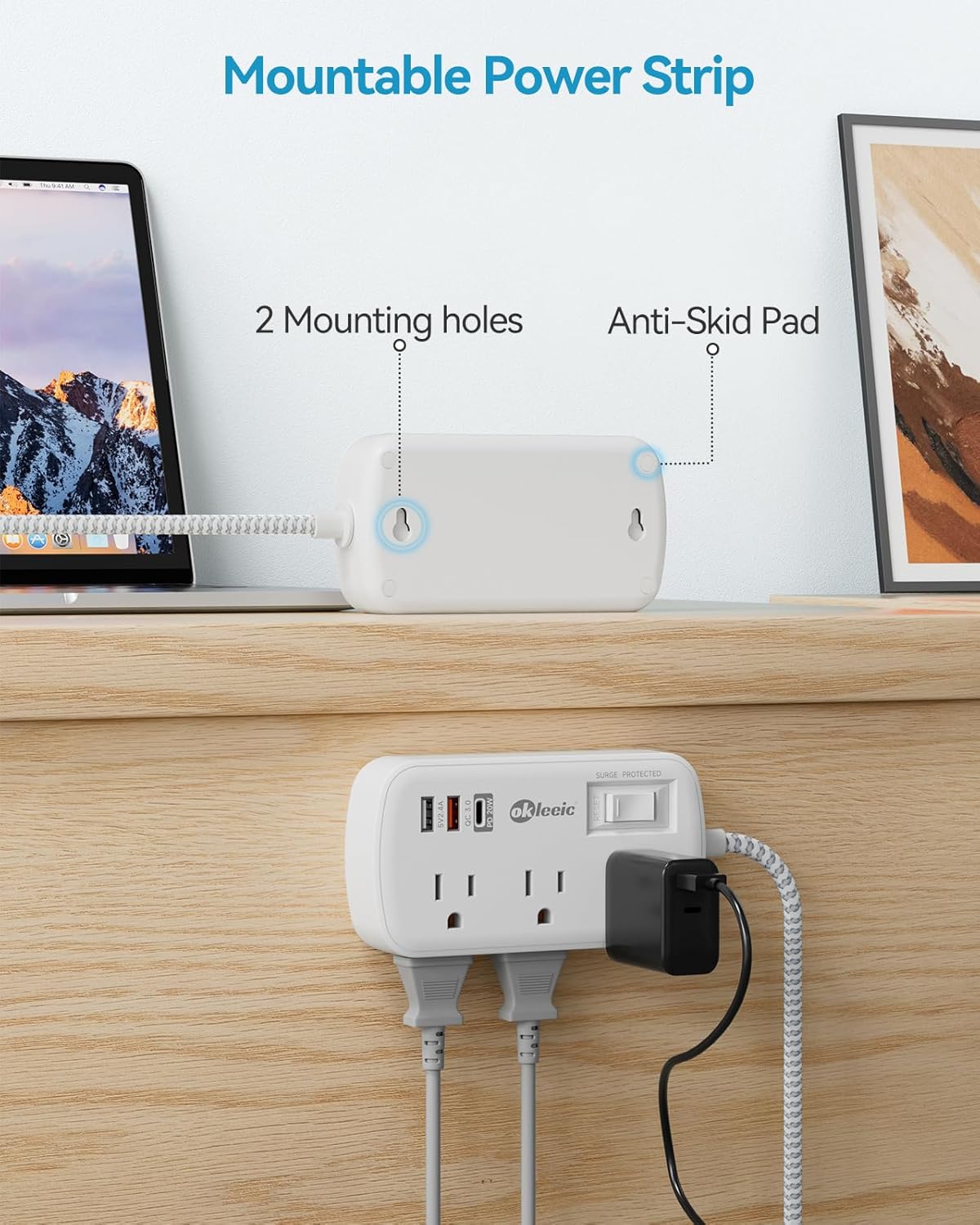 PD 20W USB C Surge Protector Power Strip, Travel Power Strip with 3 USB(1 USB C) Ports and 6 Outlets, Short Extension Cord 1 Ft, PD 20W Fast Charging Station, Wall Mount for iPad Pro iPhone Samsung