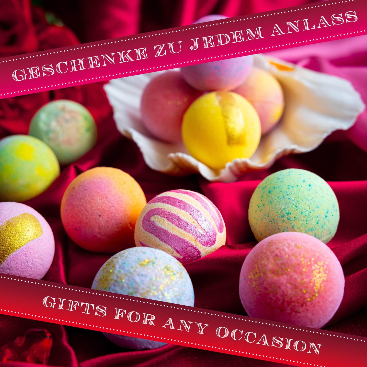 Hallingers Genuss Manufaktur Badebomben Valentinstagsgeschenk-Set - 12x Badekugeln Bath Bombs in edler Geschenkbox, Frauen Badeperlen-Wellness & Spa "Zum Valentinstag", Valentintstag für Frauen Männer