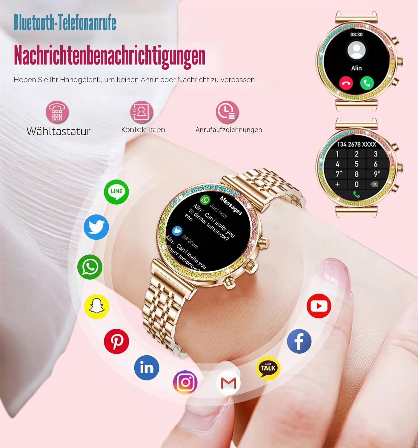 Fitness Smartwatch für Damen, 1,25 Zoll HD Display, Bluetooth Anrufe, wasserdichte Sport Damen Smartwatch, Pulsuhr, Schrittzähler - Kompatibel mit Android & iOS (Full Gold RTi110)