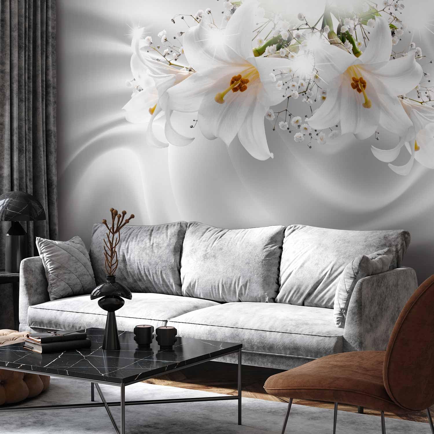 Fototapete murando Blumen Lilien 400x280 cm Vlies Tapeten Wandtapete XXL Moderne Wanddeko Design Wand Dekoration Wohnzimmer Schlafzimmer Büro Flur Blume Abstrakt weiß 3D Optisch Illusion b-C-0158-a-a
