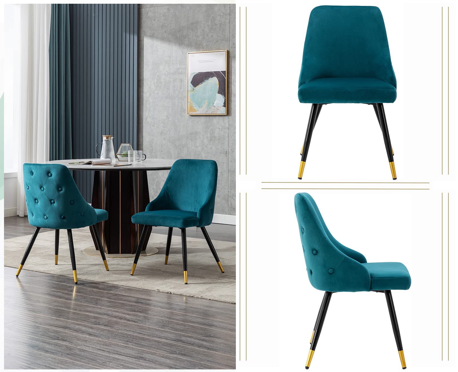 chairus 2X Sillas de Comedor Terciopelo Sillas Modernas de Cocina con Patas de Metal, Sillas Ocio del Diseño Botones para Salón/Restaurante, Teal