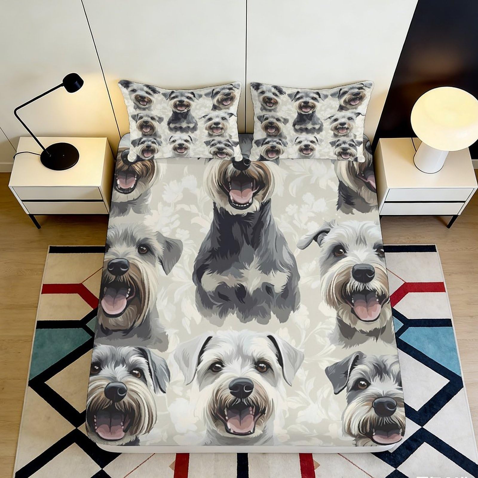 3D Printed Schnauzer Dog Pattern Fitted Sheet Microfiber Anti-Slip Bed Cover for Bedroom Guest Room Mattress Decor 90x200x25cm