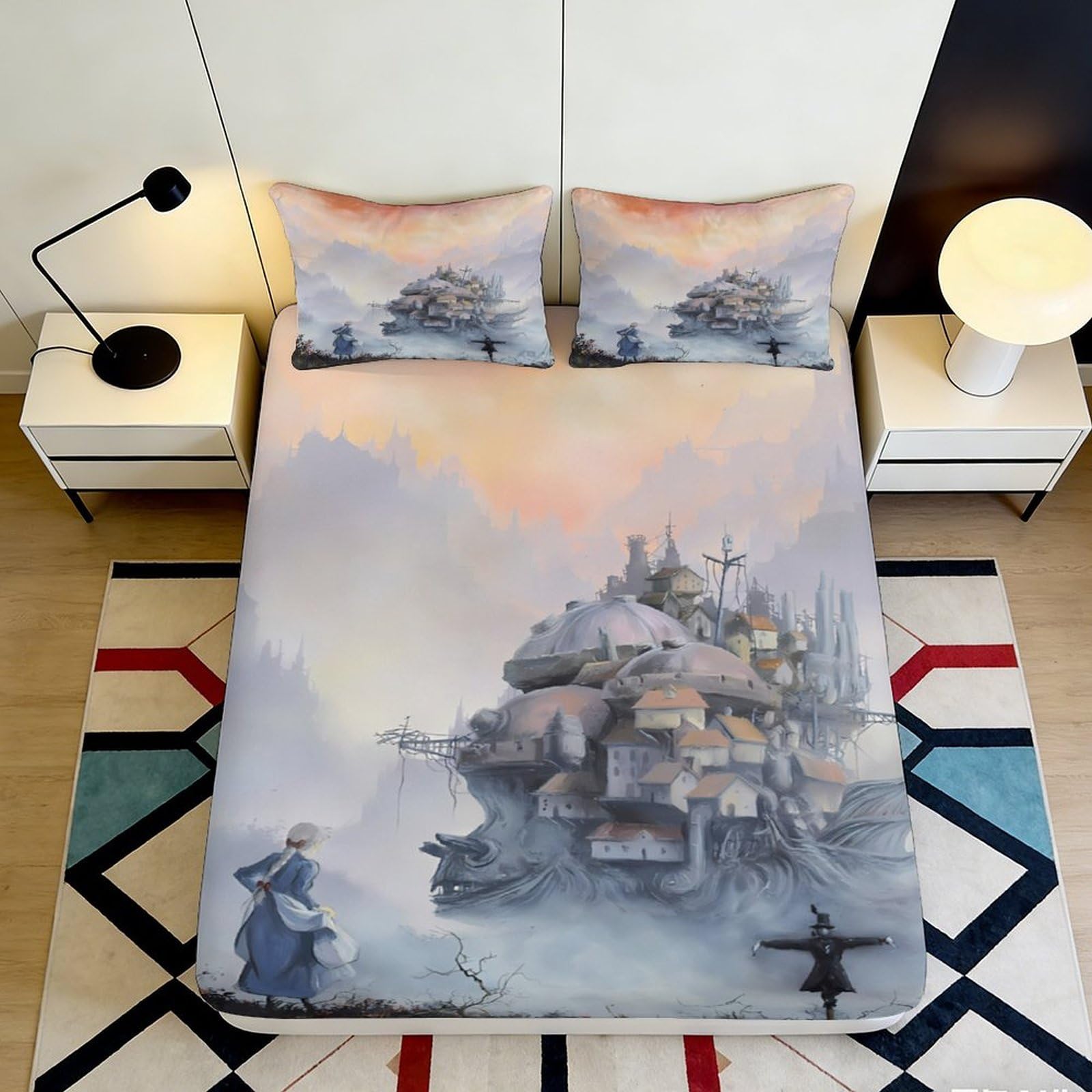 3D Printed Fantasy Castle Fitted Sheet Microfiber Soft Durable Steampunk Moving House Bed Cover for Bedroom Dorm Protection Decor 120x200x25cm