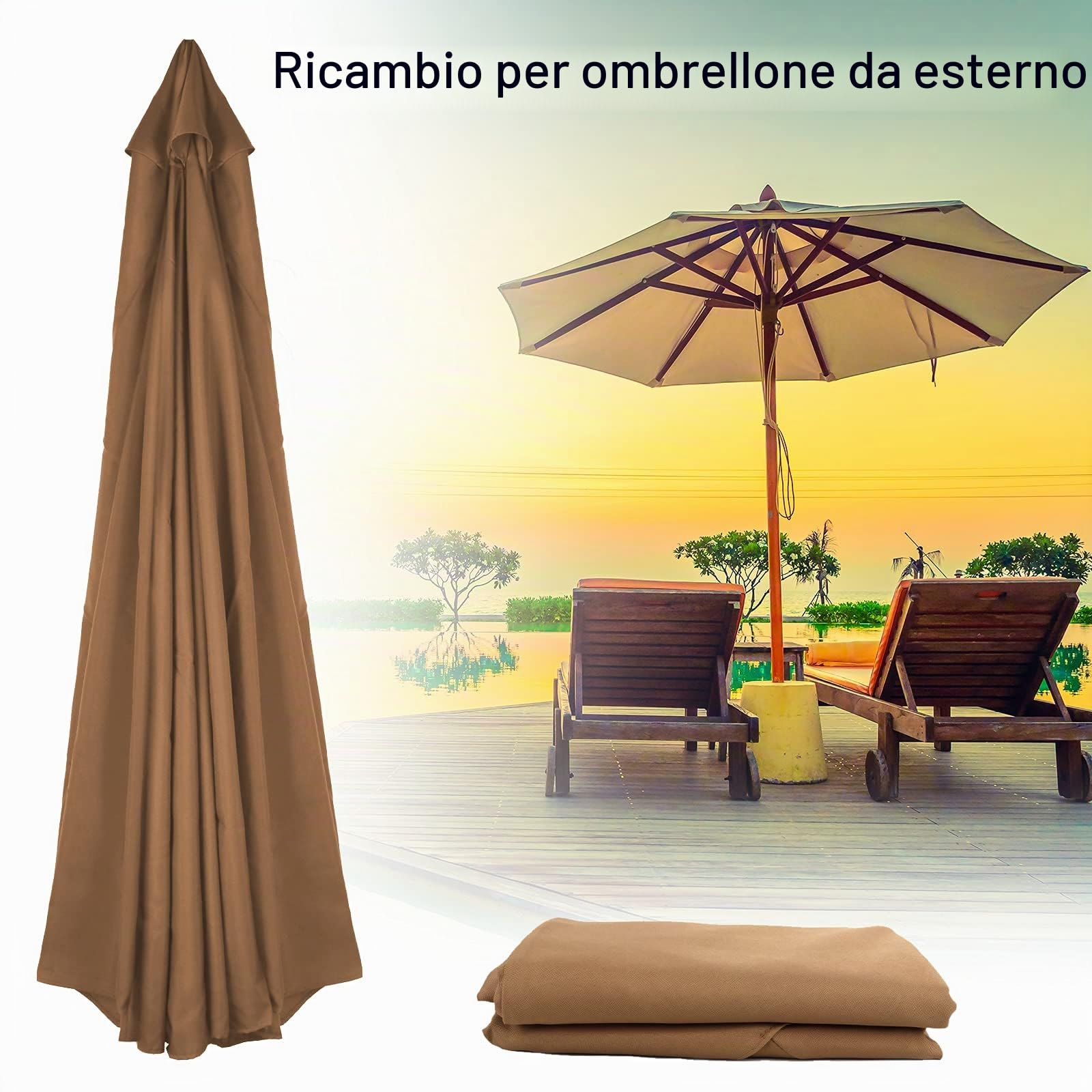 Telo di ricambio per ombrelloni per esterni, con 8 costole, telo parasole per giardino, patio, cortile, spiaggia, piscina, mercato (solo baldacchino), cachi