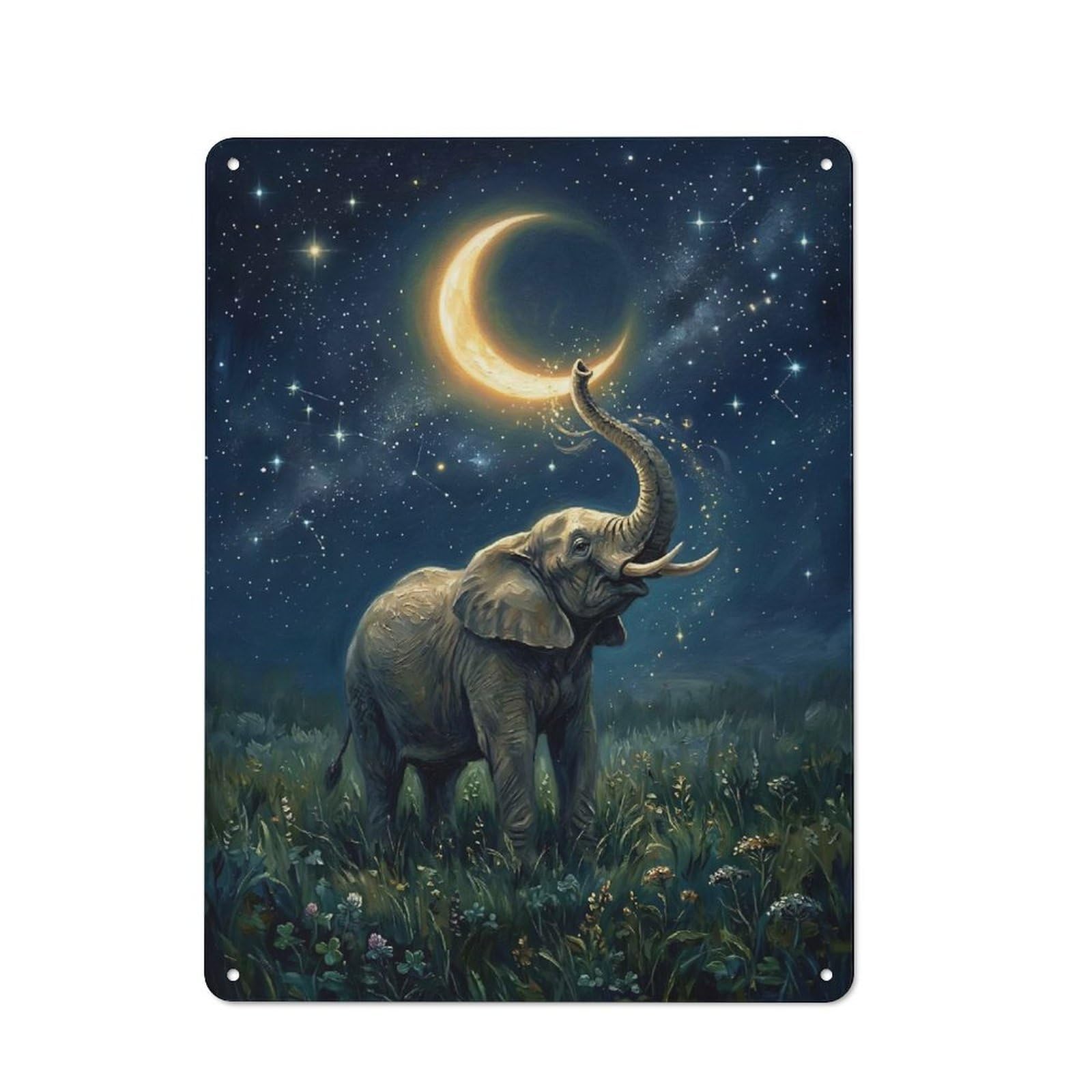 Junmoney Style-4 Elephant Reaching For Crescent Moon Cottage Style Metal Wall Decor 40X30cm, Tin Wall Plaque For Kitchen, Cottage, Porch Or Garden Room