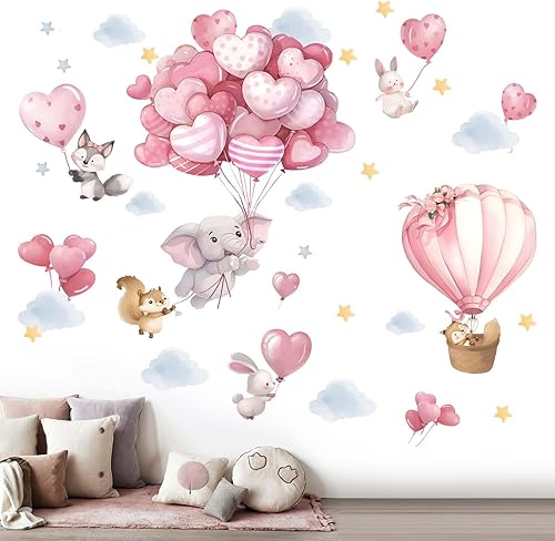 Pegatinas de pared de globos de animales para guardería calcomanías de pared de dormitorio para bebés, niñas y niños, color rosa globo aerostático