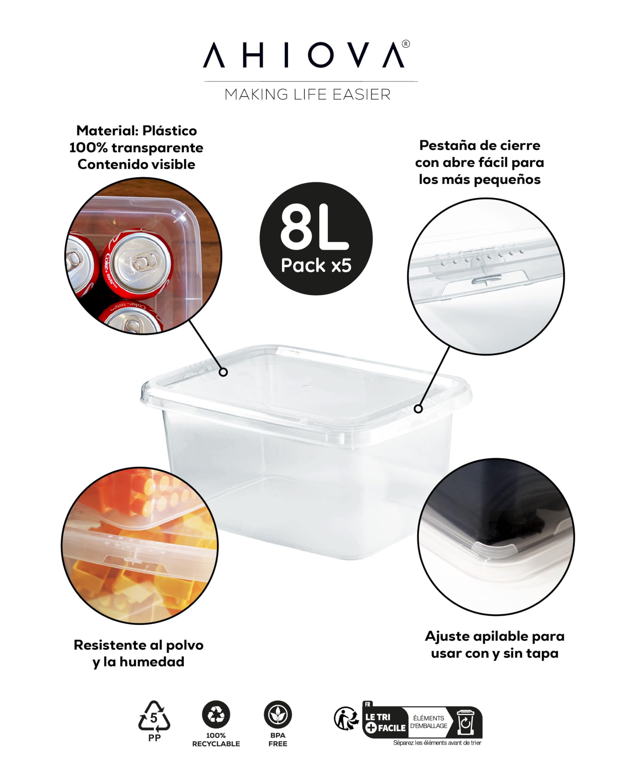 Cajas Almacenaje Plastico 8L con Tapa Set 5 Organizadoras Apilables 100% Transparentes Click Presión 33x24x15,5cm Hogar Baño Garaje Oficina BPA Free Fabricadas Europa