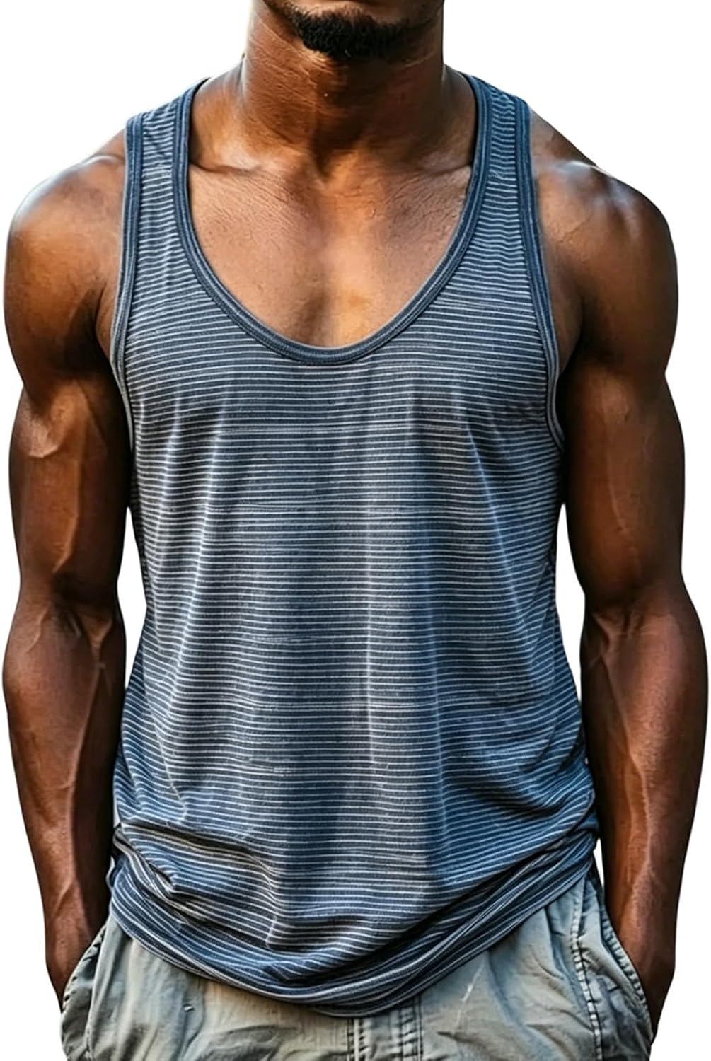Mens Striped Tank Top Summer Sports Cut Off Tee Plus Size Casual Tops Athletic Bodybuilding U Neck Sleeveless T Shirt