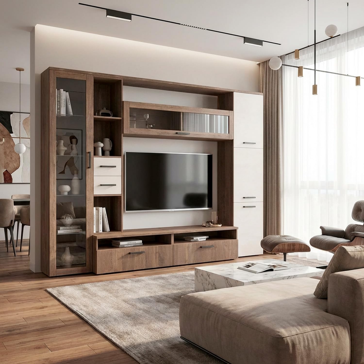 Arreditaly Parete Attrezzata Soggiorno Mobile Porta TV Con Vetrina E Cassetti Design Moderno Industrial Chic Con Ampio Vano TV Per Salotto Zona Living 270 x 213 x 50 Cm (Noce Spatolato)
