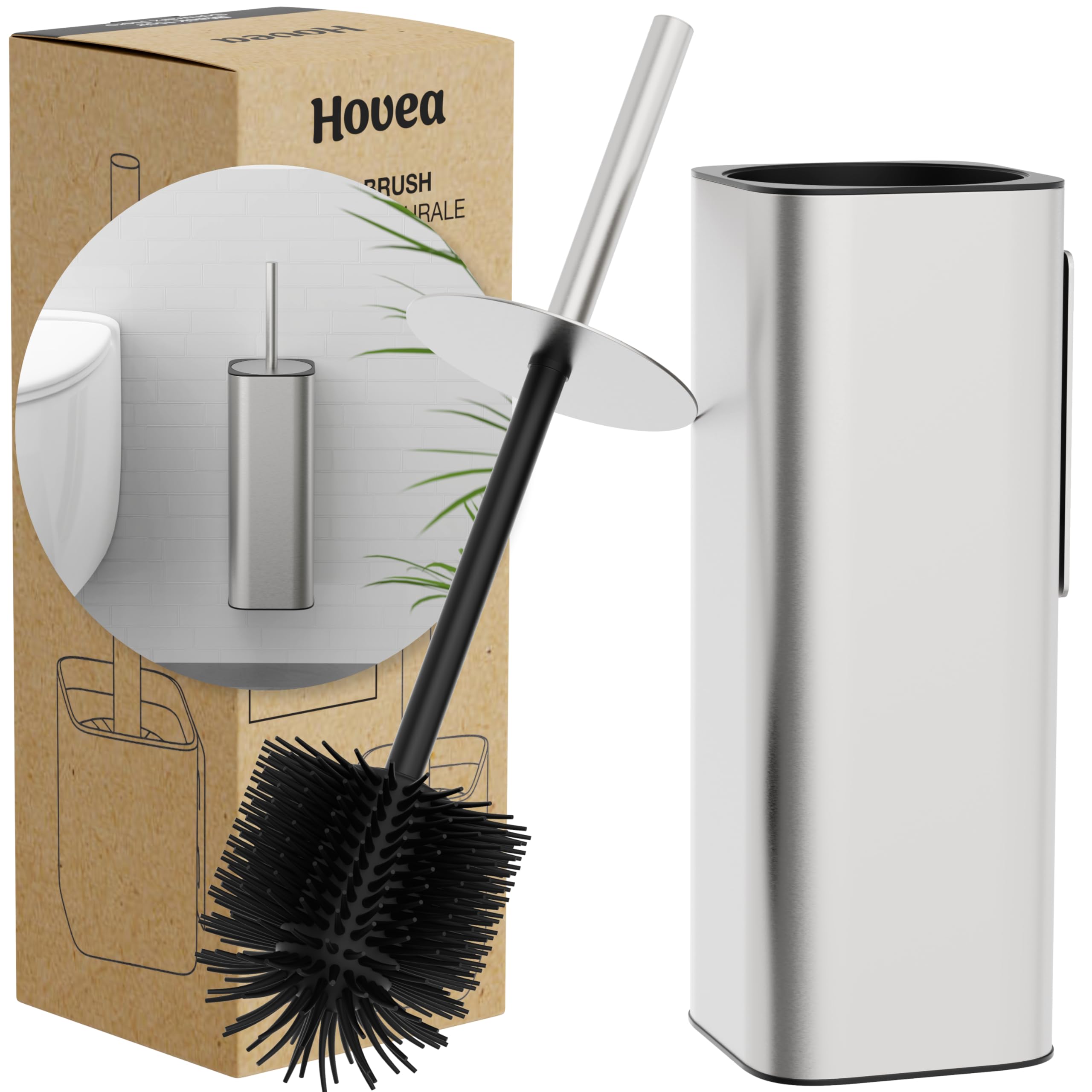 Scopino WC Sospeso - Scopino Silicone e Metallo - Nessuna Foratura - Montaggio a Parete con Adesivo o Vite - Acciaio Inox 304 - Porta Scopino Bagno WC - WC3681