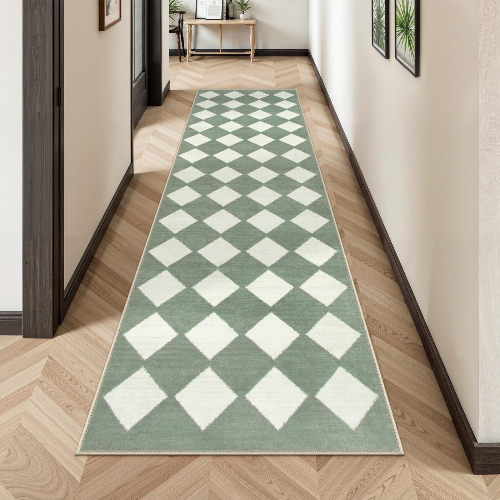 Lahome Zelie Checkered Washable 2x8 Green Runners for Hallways Non Slip, Ultra-Thin Kitchen Bathroom Runner Rugs, Moroccan Trellis Throw Carpet Runner for Bedroom Entryway Decor (2'x8',Green)