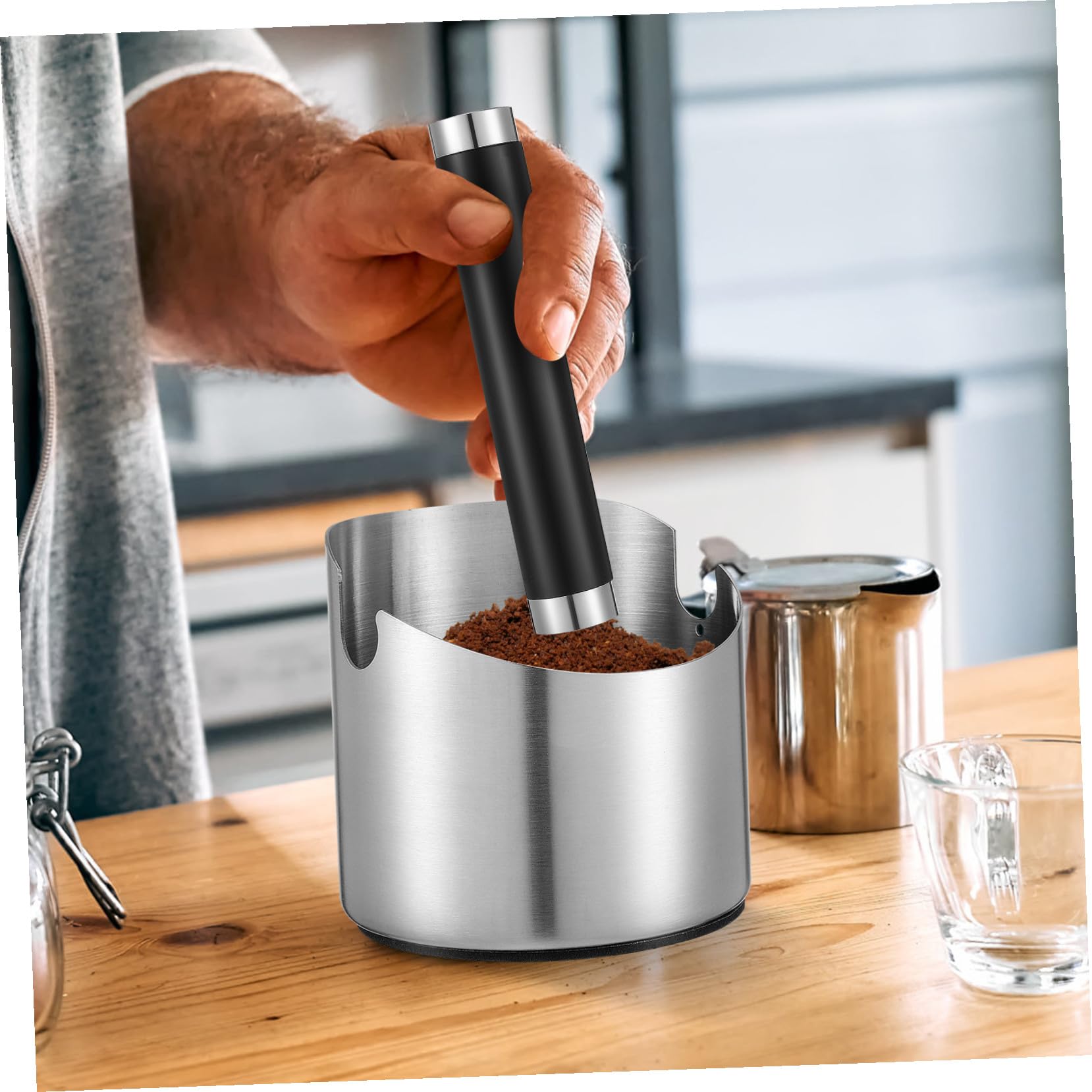 Recipiente con Barra de Golpeteo Extraíble y Base Antideslizante para Café Molido de Acero Inoxidable Adecuado para Cafés y Hogares