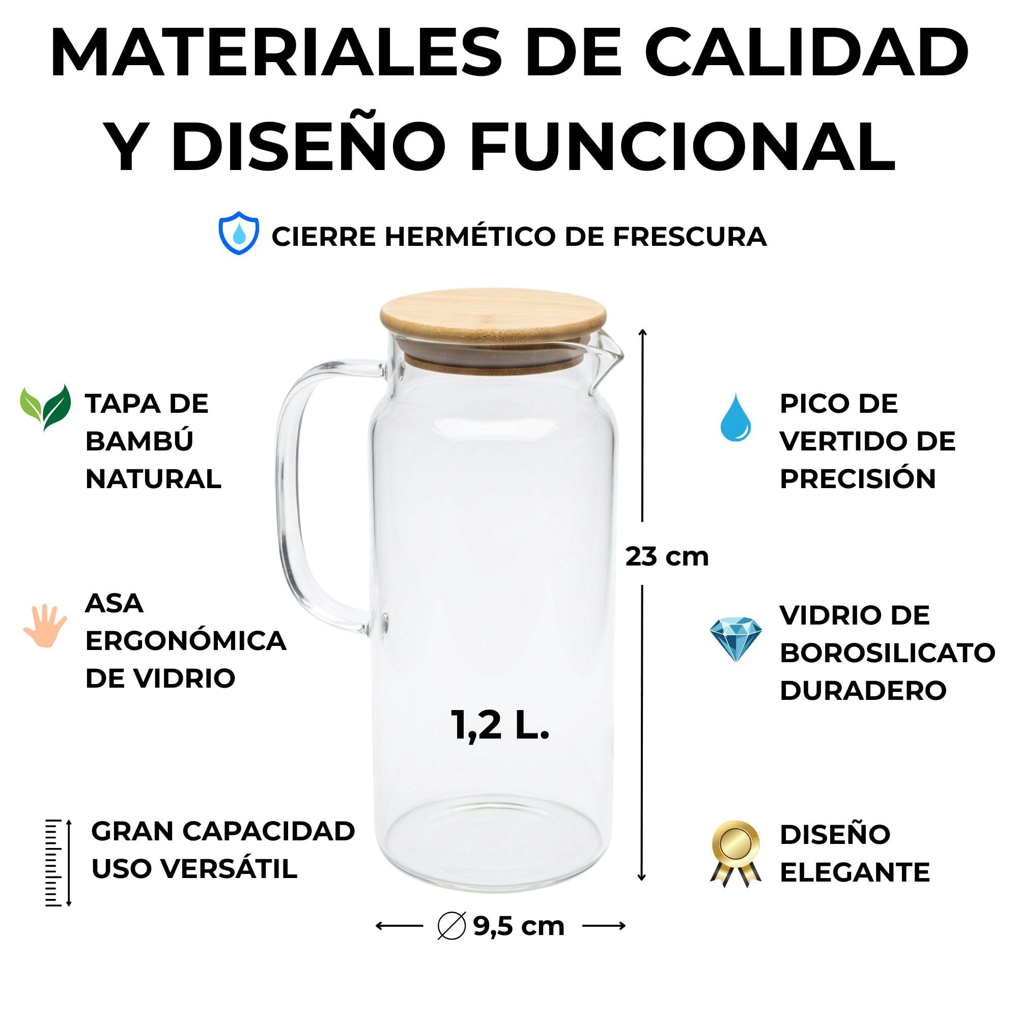 Jarra de Agua Cristal 1,2L con Tapa Bambú Natural. Jarra de Agua en Vidrio Borosilicato Resistente al Calor, Botella Cristal Reutilizable, Vida Saludable. (1,2 Litros, Tapa de Bambu) — view 6