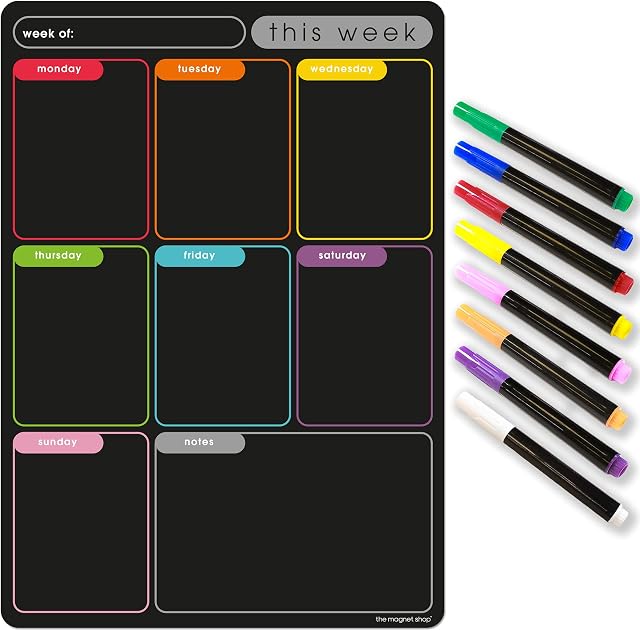 TMS A4 Magnetic Weekly Planner Liquid Chalkboard  Dry Wipe Blackboard, to Do List, Chore Chart, Family Planner - with 8 Coloured Dry Erase Liquid Chalk Pens (Colour Memo Chalkboard, A4)