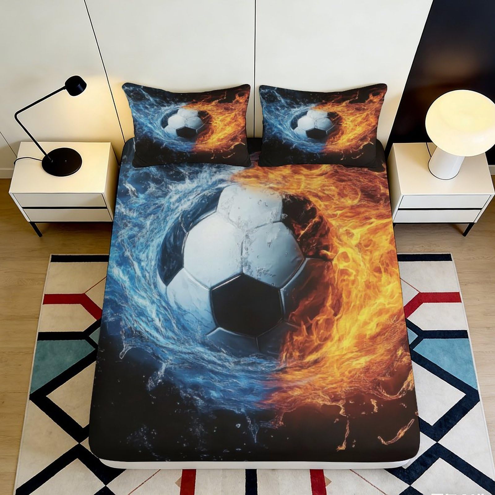 3D Printed Fire Water Soccer Fitted Sheet Microfiber Soft Mattress Cover for Bedroom Dorm Youth Decor 120x200cm 200x200x25cm