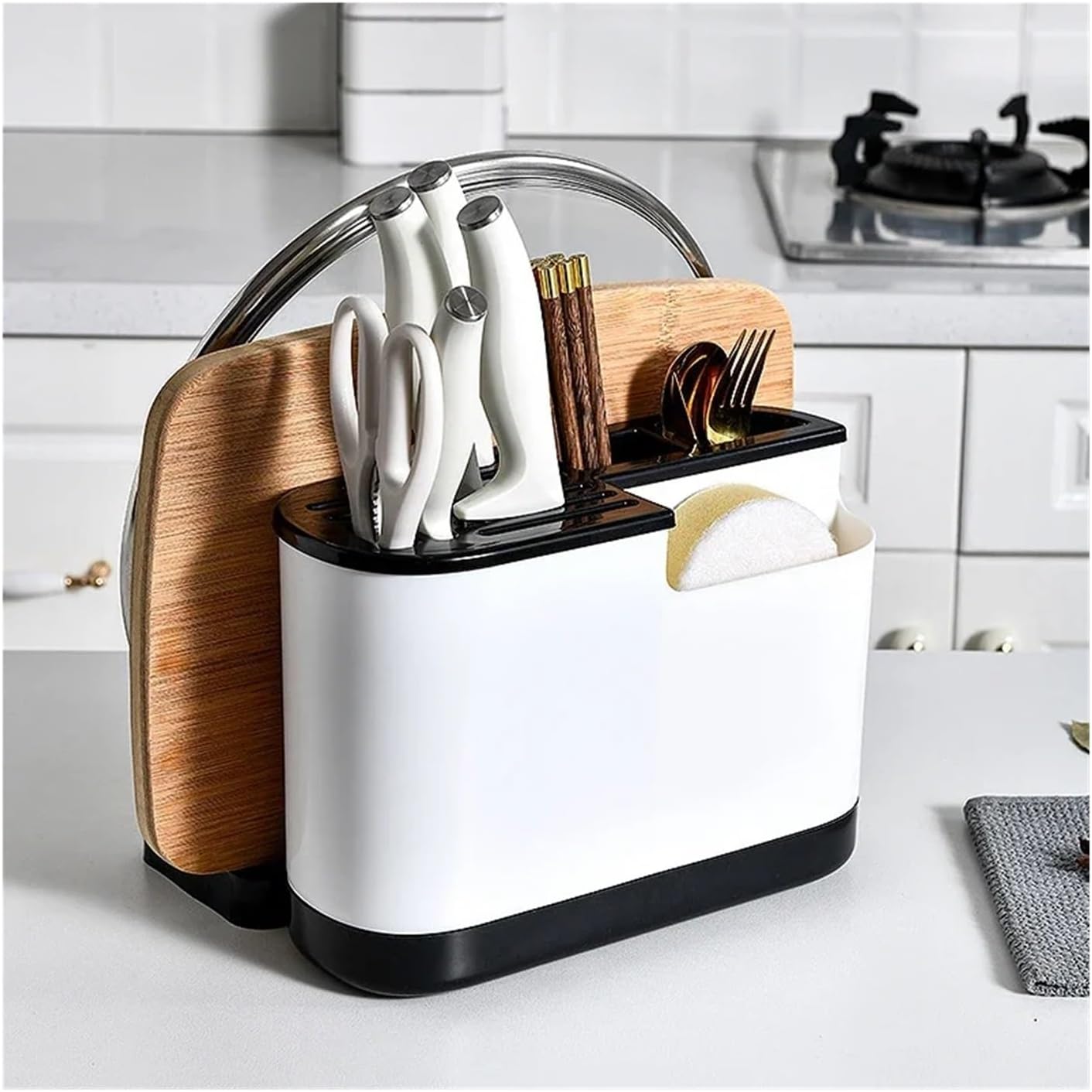Multifunctional Tool Storage Rack Home Supplies Kitchen Shelves Chopstick Barrel Pot Cover Knife Holder Accessories(Grey)