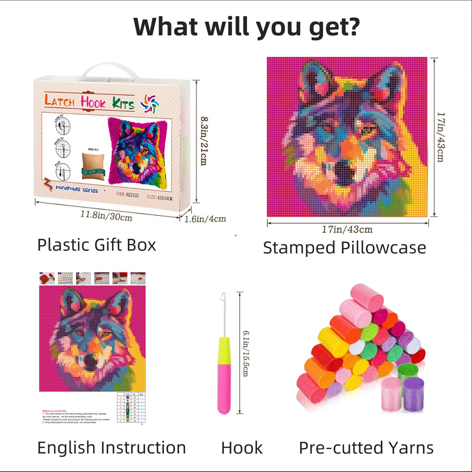 Animal Colorful Wolf DIY Latch Hook Pillow Kits for Adults Printed Pillowcase Crochet Yarns Hooking Handmade Pillow Cover Cushion for Home Sofa Decoration 17x17inch