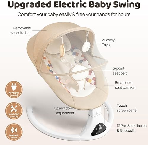 Miniatura 2 de Columpio para bebés con Bluetooth con control remoto, columpios portátiles para bebés con 5 movimientos de velocidad, 12 canciones de cuna