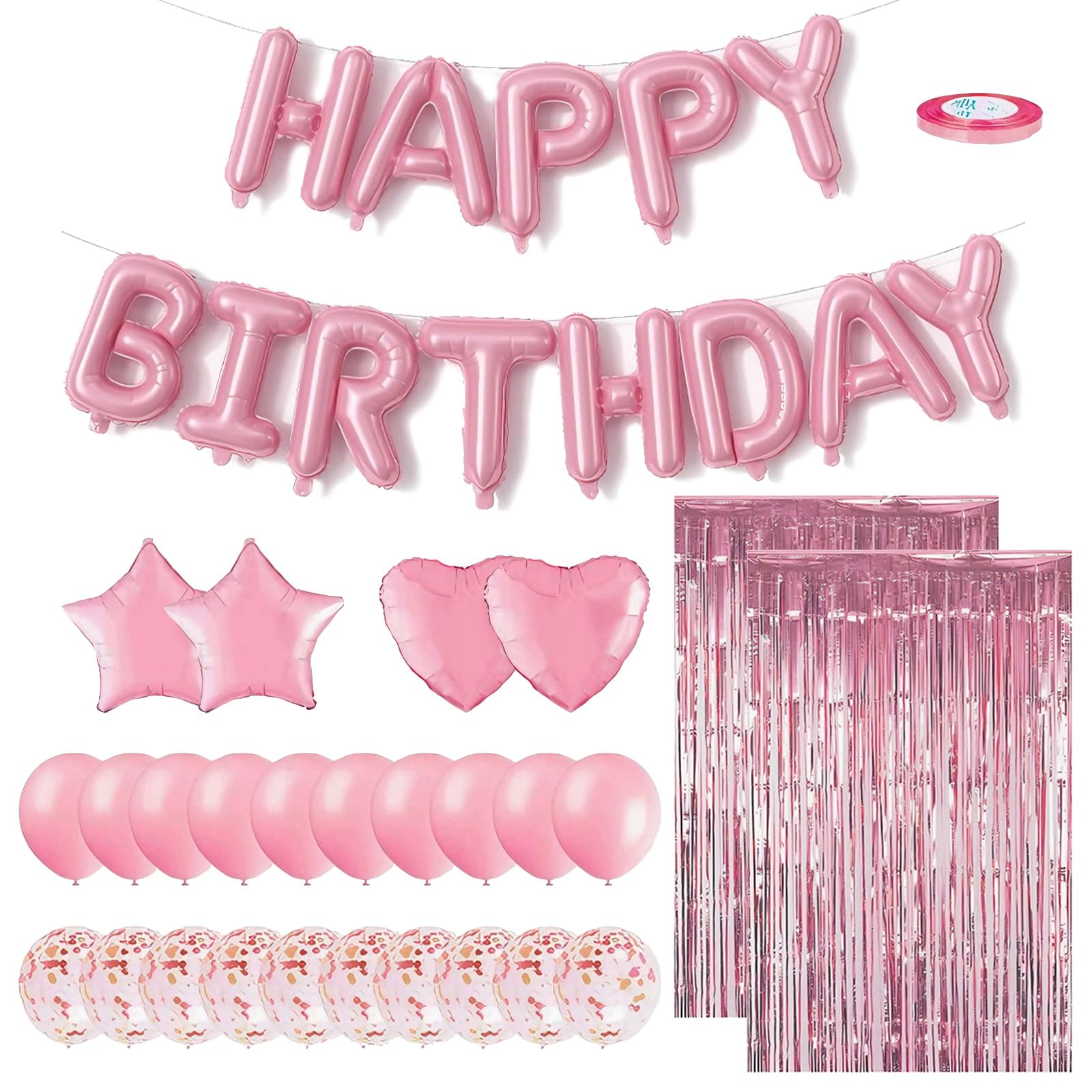 40 Pcs Pink Birthday Decorations, Happy Birthday Banner, Confetti Star Heart Foil Balloons, Fringe Curtains for Women Girls Party Supplies