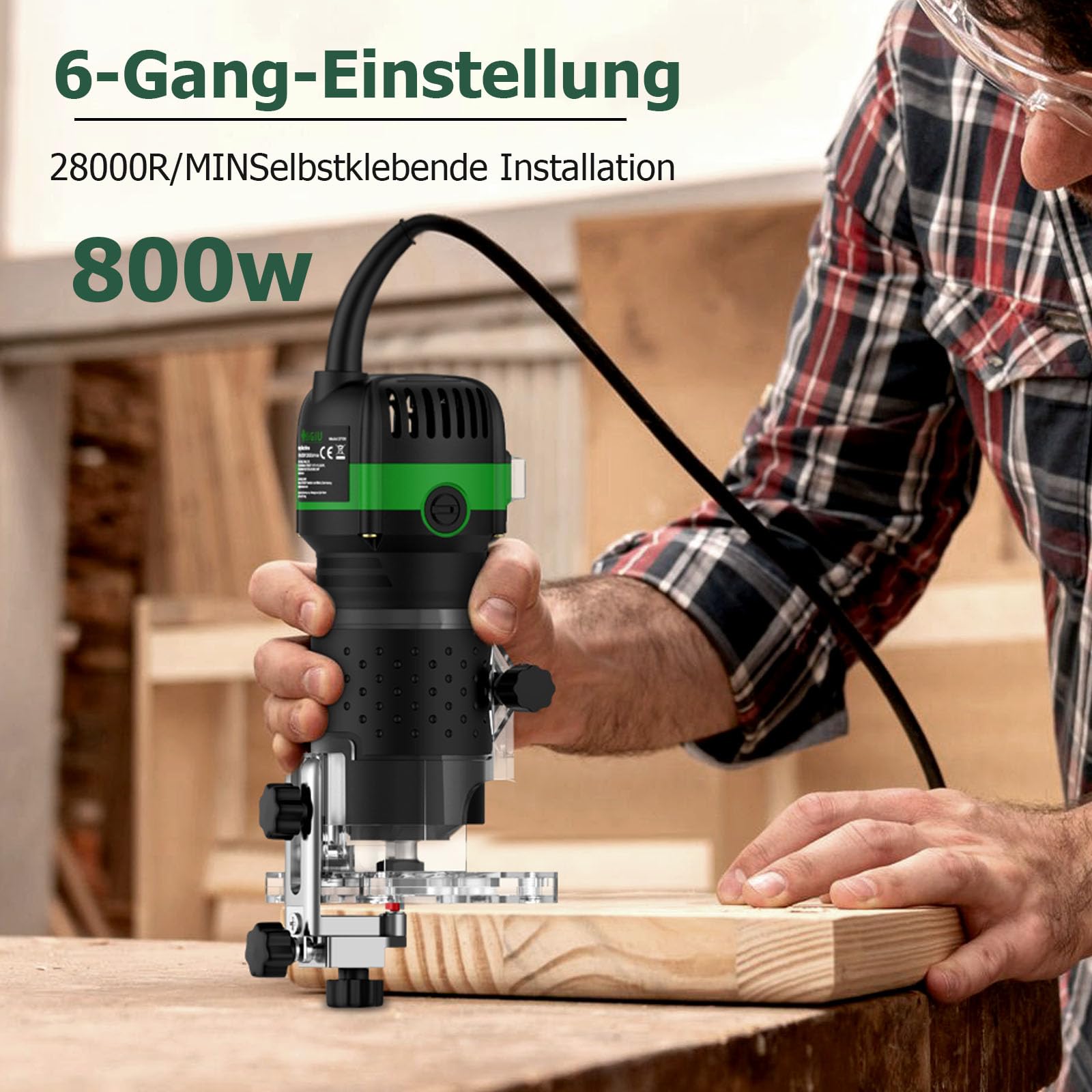 JiGiU Oberfräse 800W Elektrische Holzfräse 6,35mm Durchmesser Kantenfräse Hand Holz Einhandfräse 28000 U/min Variable Geschwindigkeite für Holzbearbeitung (Schwarz & Grün)