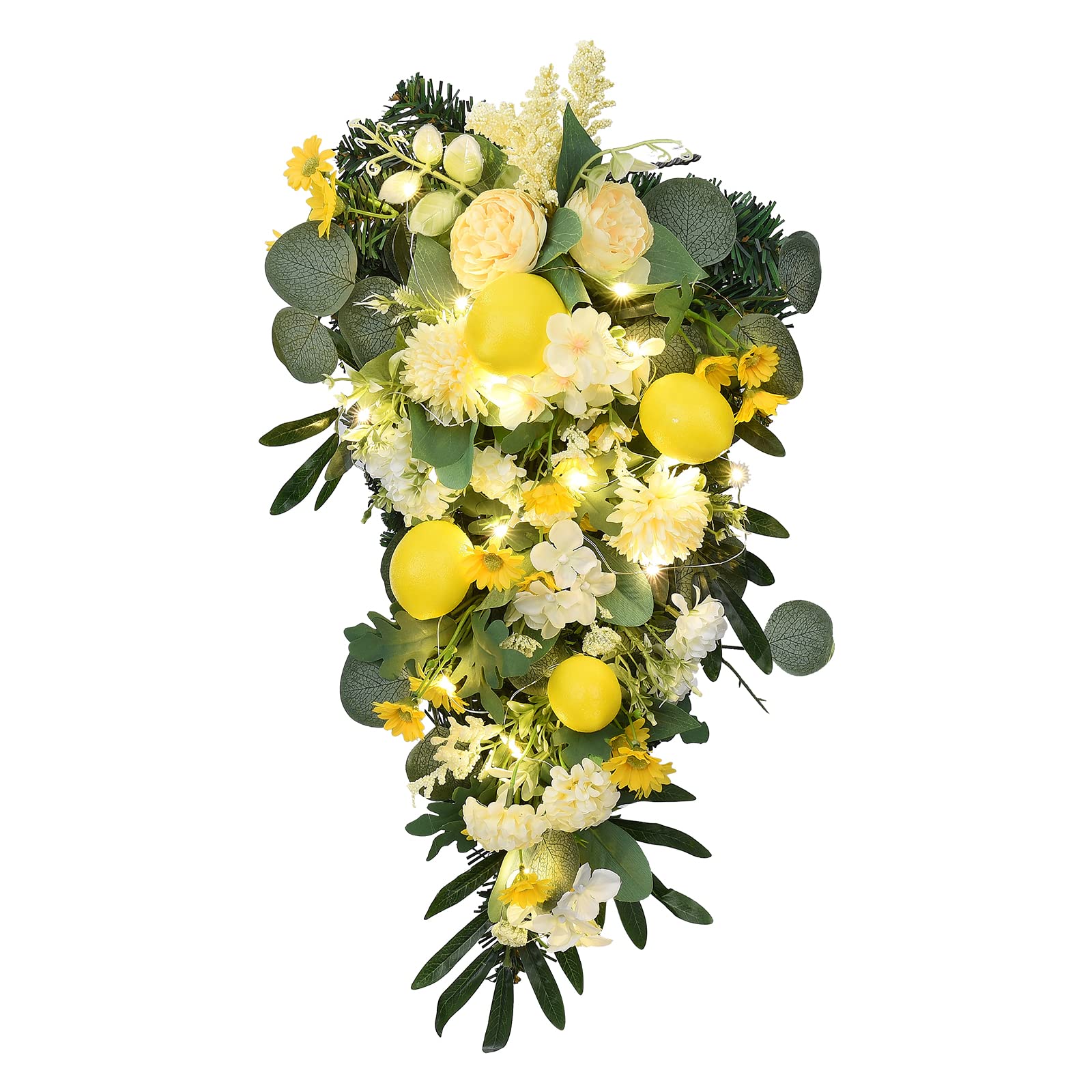 22in Artificial Lemon Teardrop Swag, Fake Daisy Peony Flower Swag with Lemon & Green Leaves, Wall Hanging Garland Spring Summer Floral Swag for Wedding Wall Backdrop Decor(with Light)