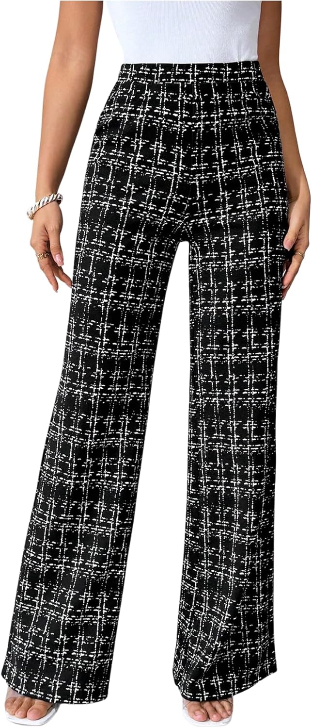 Women's Plus Size Plaid Print Tweed Pants High Waisted Straight Leg Elegant Long Trousers