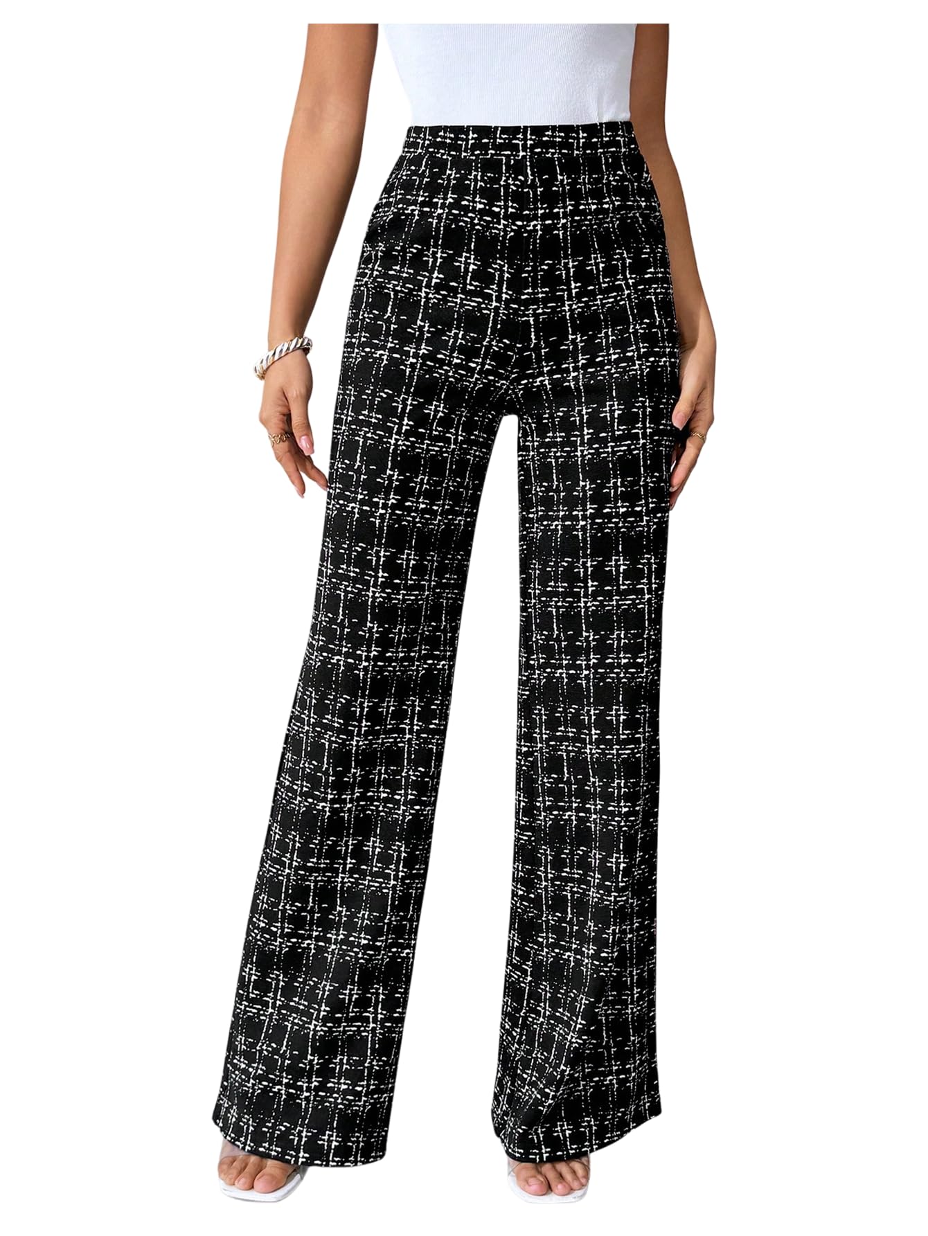 Womens Plus Size Plaid Print Tweed Pants High Waisted Straight Leg Elegant Long Trousers