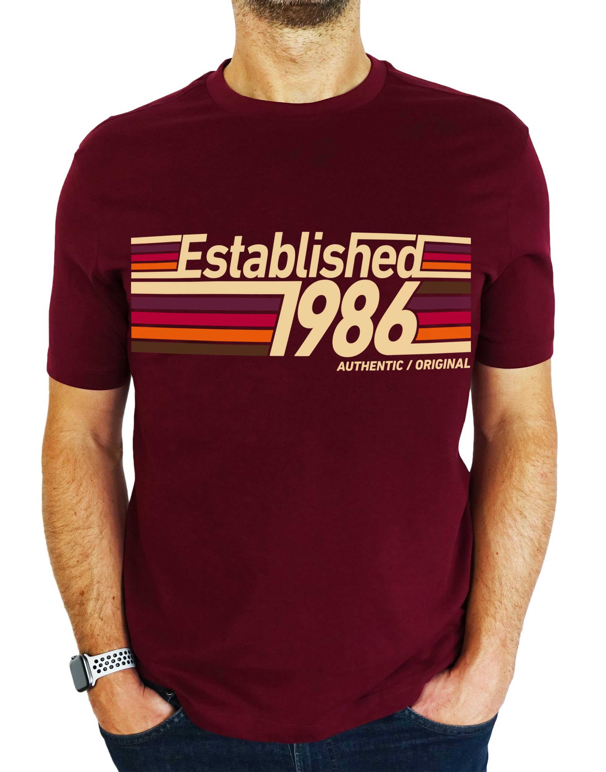 1986 Established Retro Stripes - 40th Birthday Gift | Present Mens T-Shirt Burgundy L