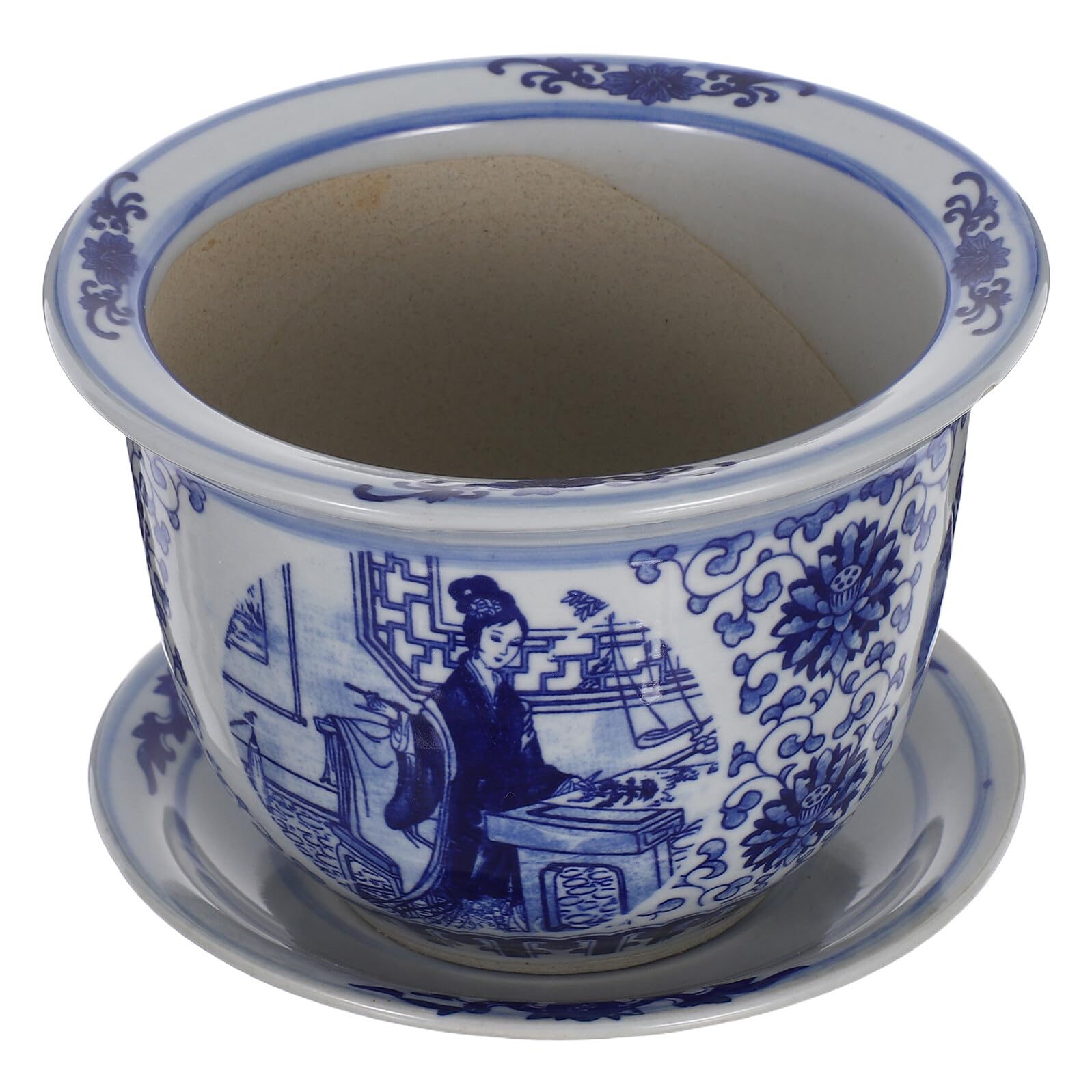 Pot de fleurs en céramique bleu et blanc rond avec plateau pour bonsaï d'intérieur
