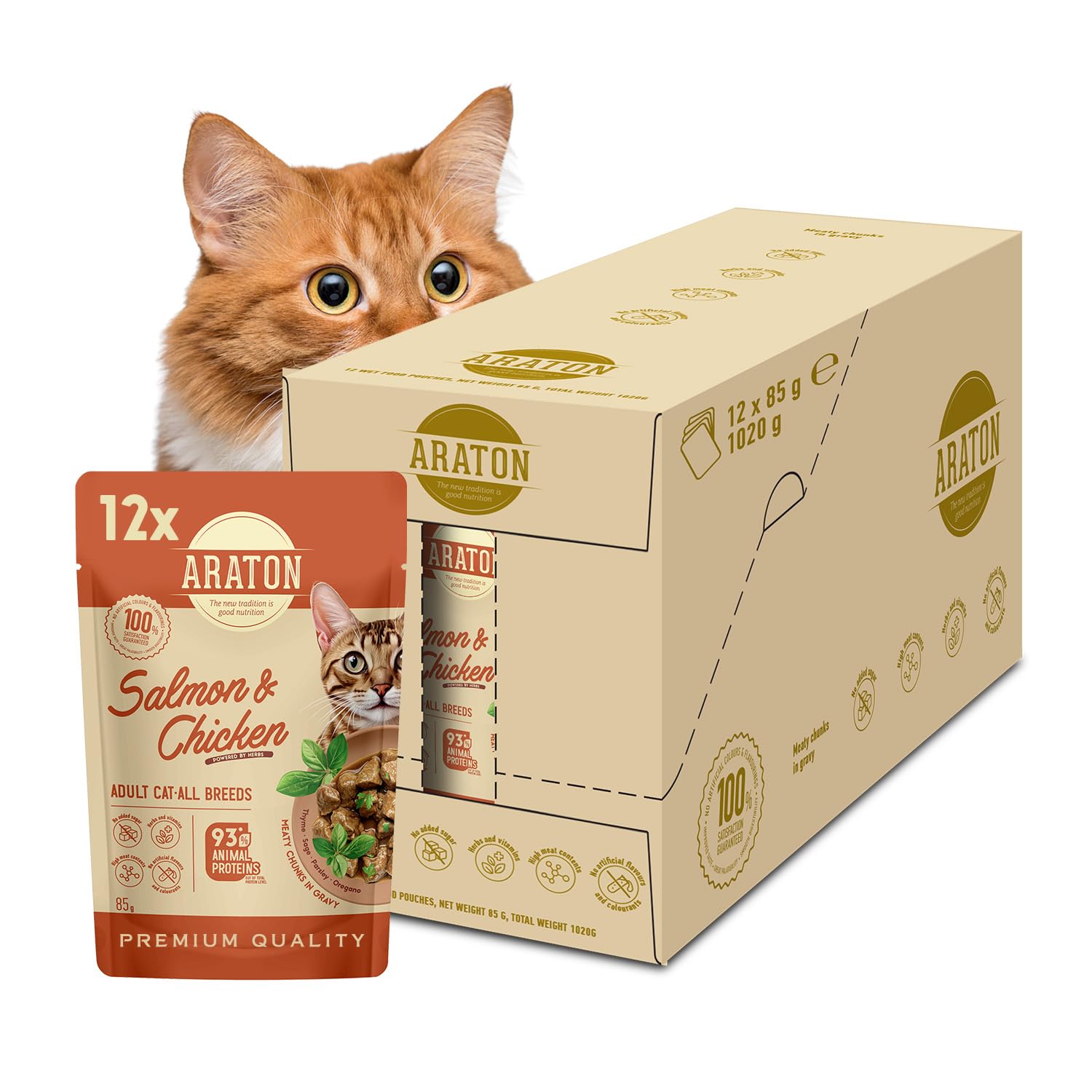 ARATON Wet Cat Food Pouches with Salmon & Chicken for Adult Cats - Cat Food in Gravy with 76% Animal Ingredients, Taurine & Vitamins, No Artificial Flavours (12 x 85g)