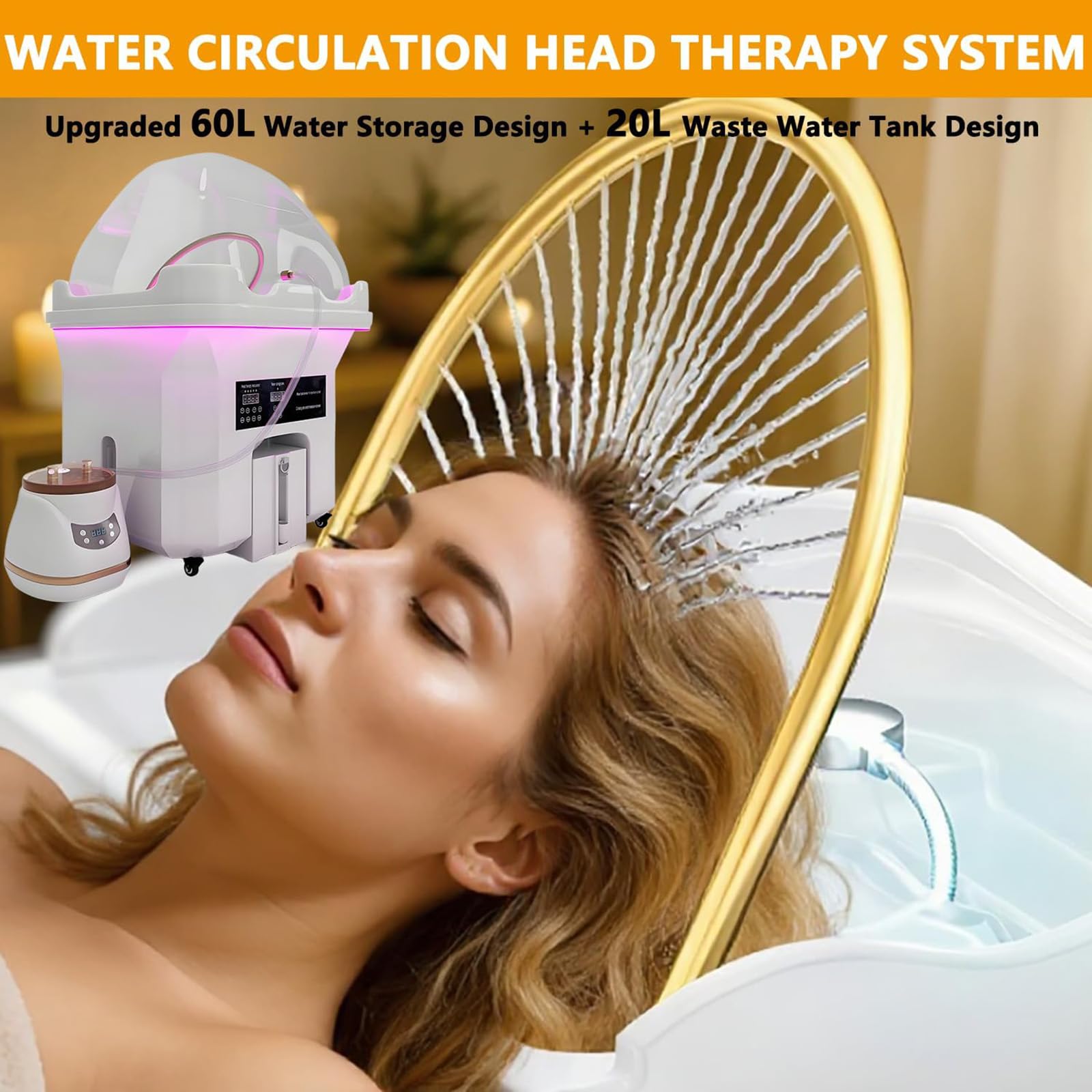 Generisch a-Ausrüstung mit Wasserfall-Spülung, Dampf & Vernebelung | Wasserzirkulations-Shampoobecken 60 L+Aufgerüsteter 20 L Abwassertank | Head Spa Waschbecken (White)