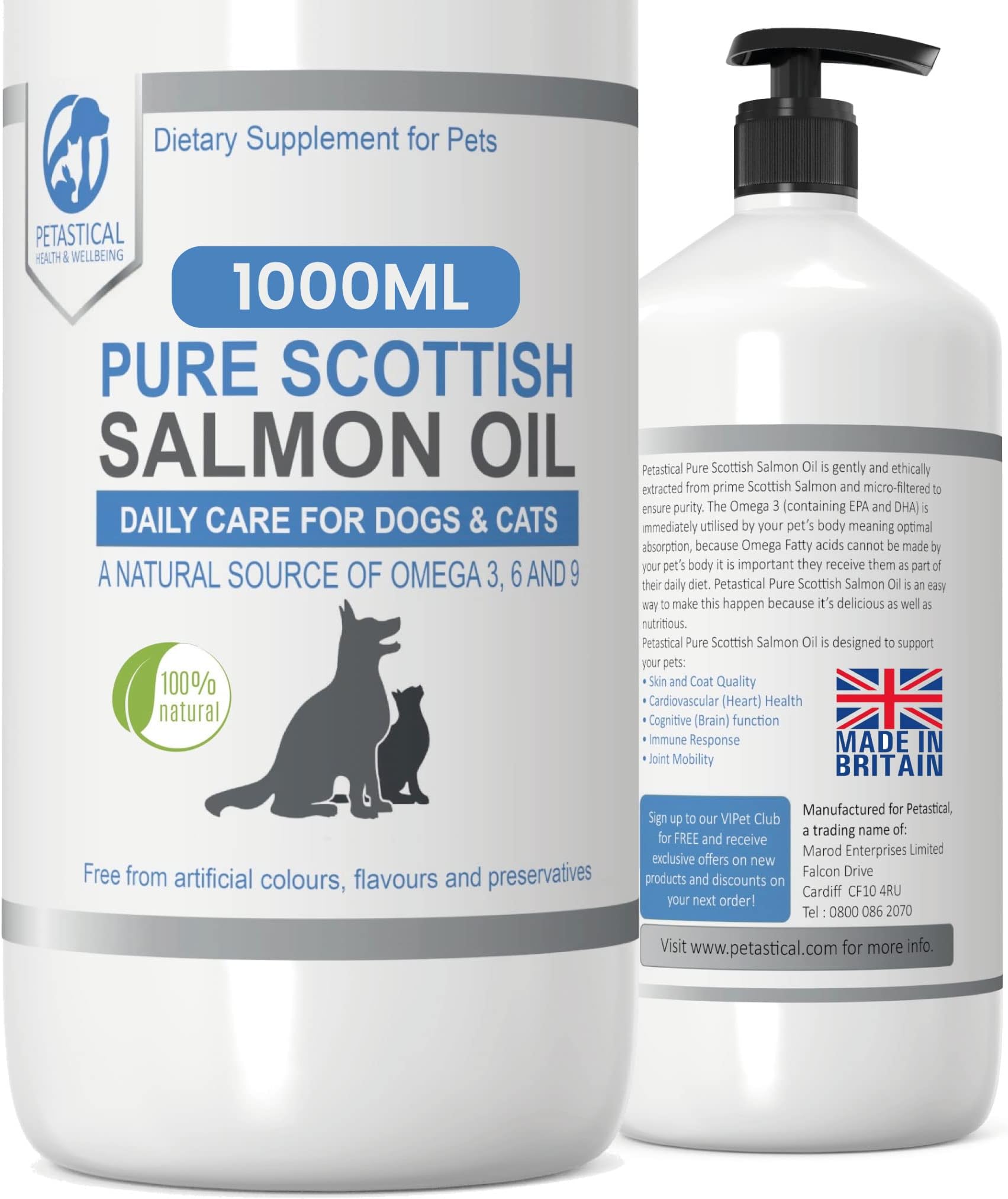 Petastical Pure Scottish Salmon Oil for Dogs Cats Pets Horses Ferrets | Fish Oil with a Natural Source of Omega 3,6,9 for Coat, Skin, Heart, Brain, Joint (1 Litre)